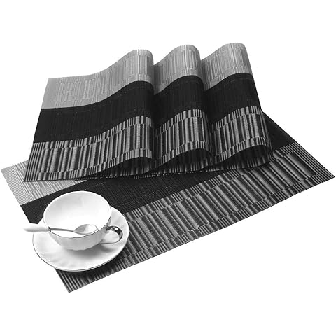 V-Shine Placemats for Dining Table Set of 4 Washable Woven Placemat Non-Slip Kitchen Waterproof Table Place Mats - Grey&Black Cover