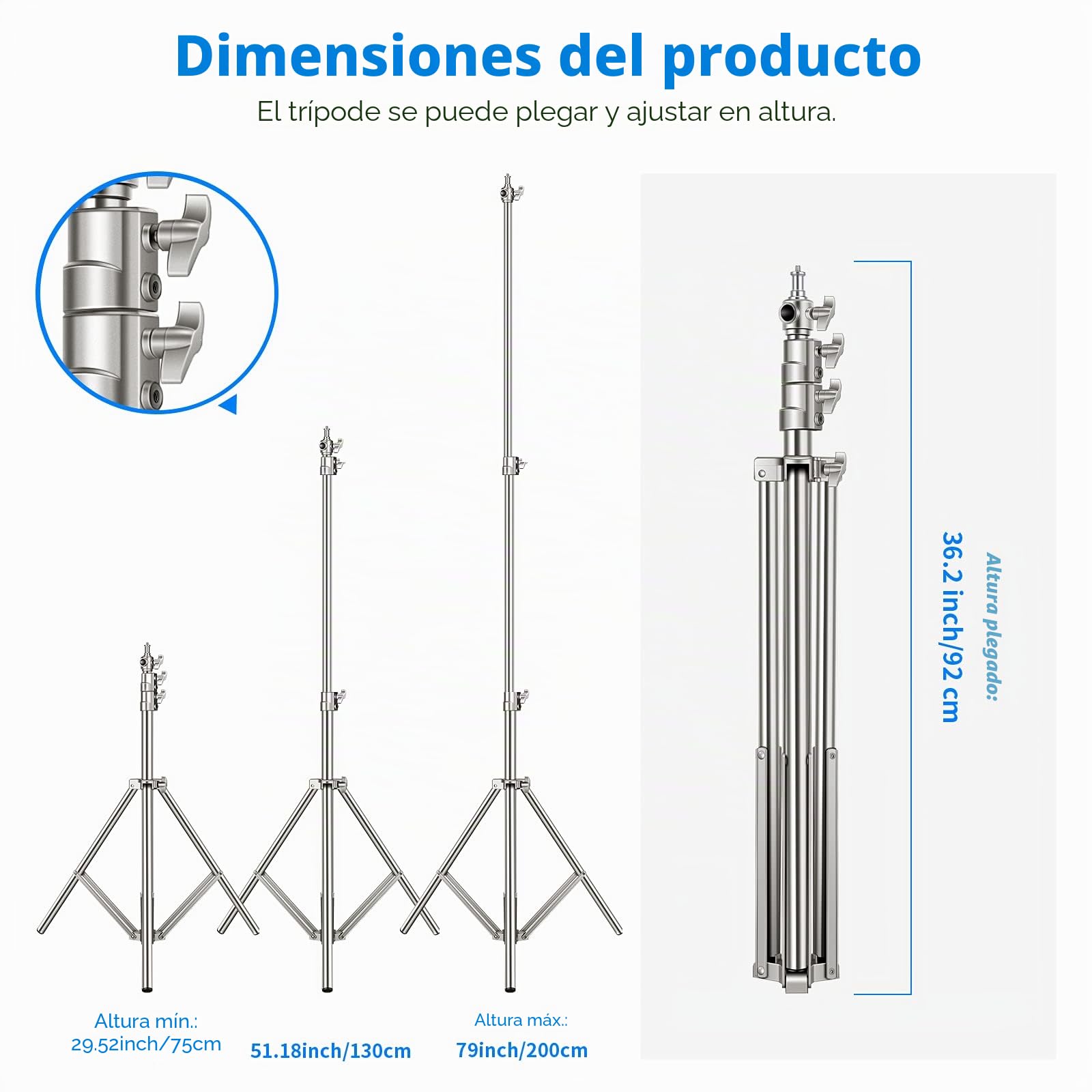 Neewer – Soporte para luz, de Acero Inoxidable, 220 cm, Plegable y portátil, Muy Resistente, Ideal para Estudio, Softbox, Monolight y Otros Equipos de fotografía, Color Plateado, 2 Unidades