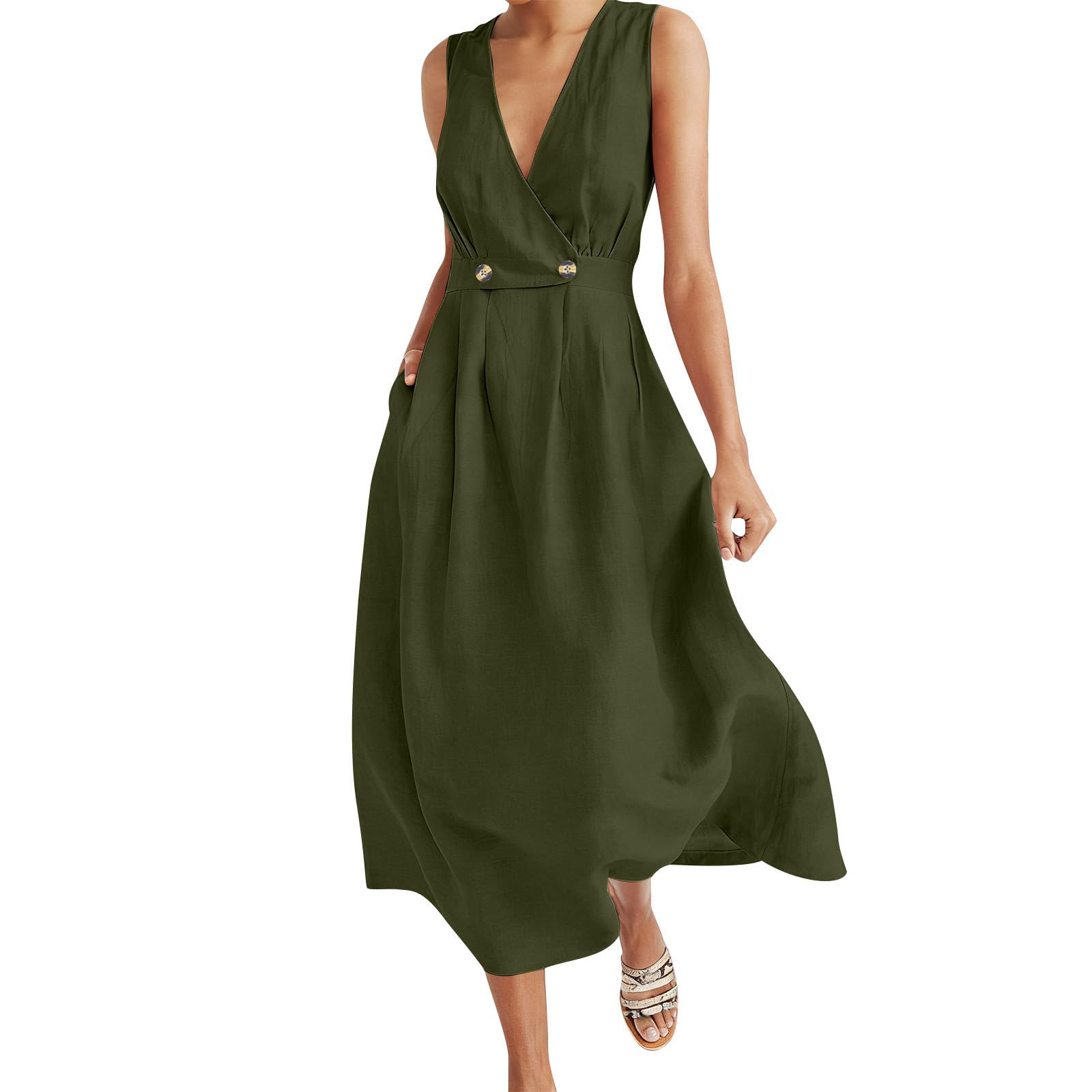 Robe longue fluide pour vacances décontractée avec boutons et plis devant