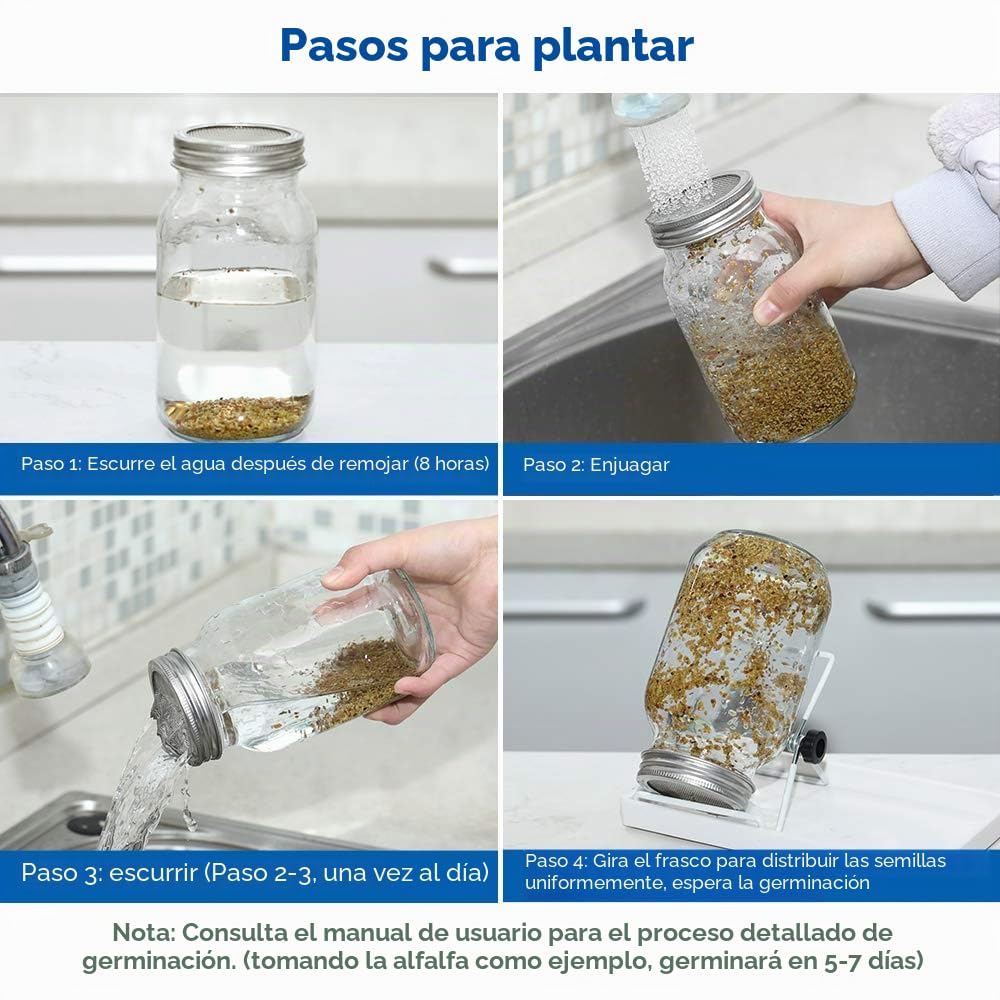 ecooe Sprossen - Juego de 2 vasos de germinación para brotes de cristal con 1 cuenco de agua, 2 cubiertas de rejilla de filtro de acero inoxidable 304 y 2 soportes