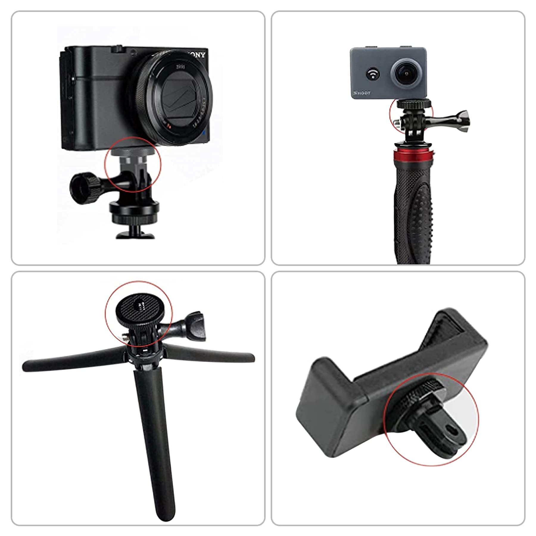 3 Adaptateurs 1/4" Pour Trépied - Compatible GoPro, Sony, Xiaomi - En Aluminium Noir