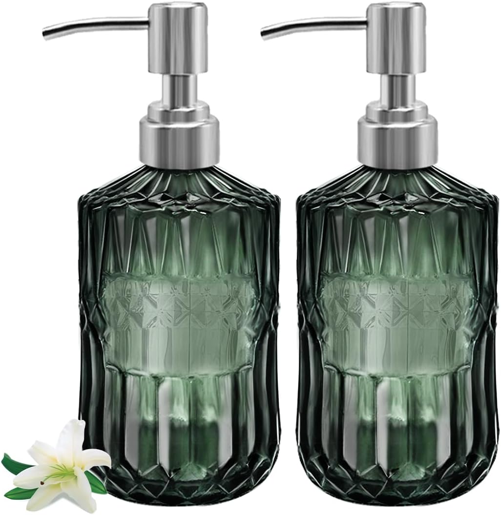 Green Glass Soap Dispenser Bathroom 2 Pack 15 OZ Liquid
