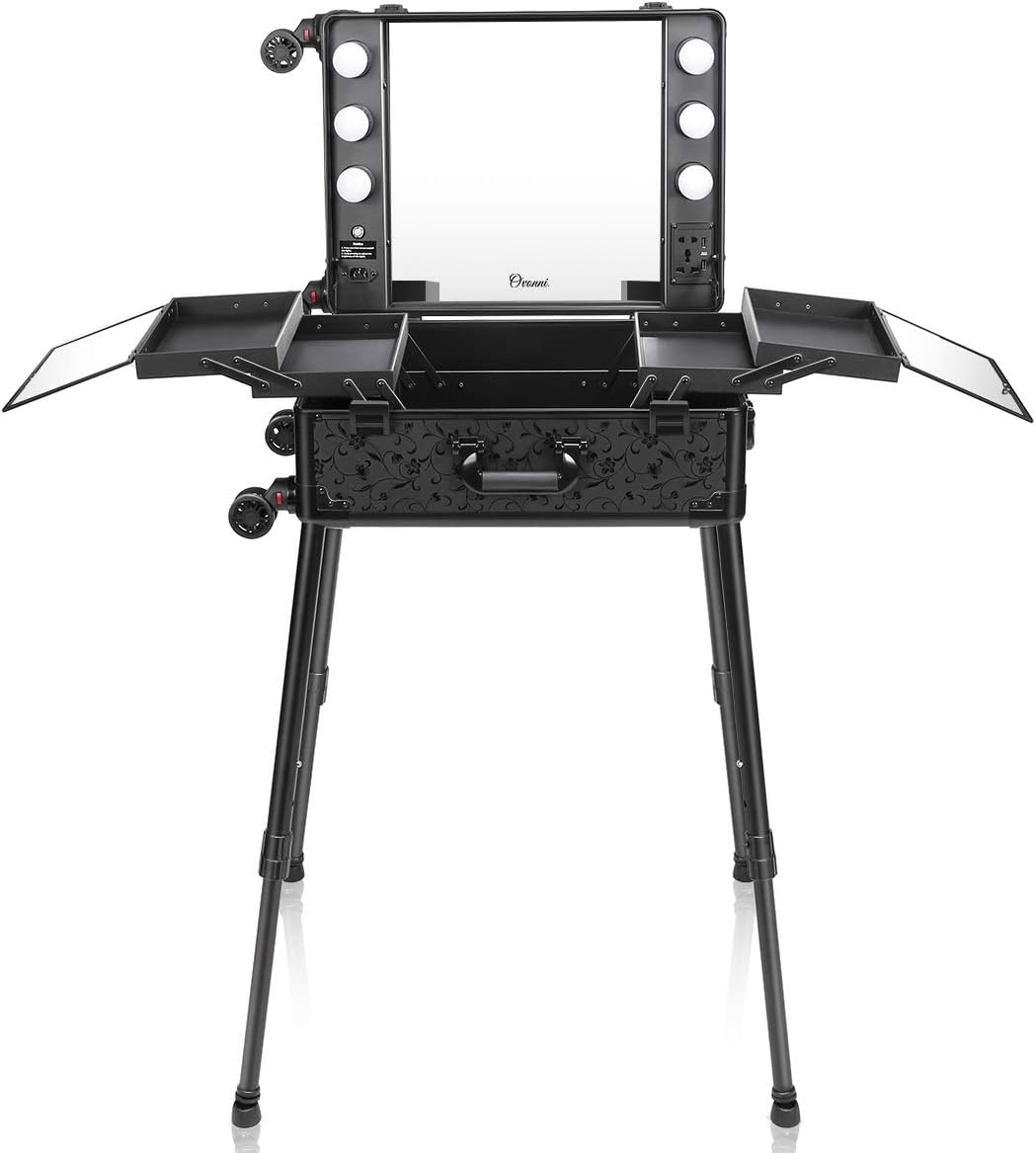 Ovonni Makeup Train Case with Wheels, Free Standing Portable Makeup Station with Lighted Mirror, Cosmetic Organizer Box for Makeup Storage, Rolling Artists Travel Studio for Women - Black LC003