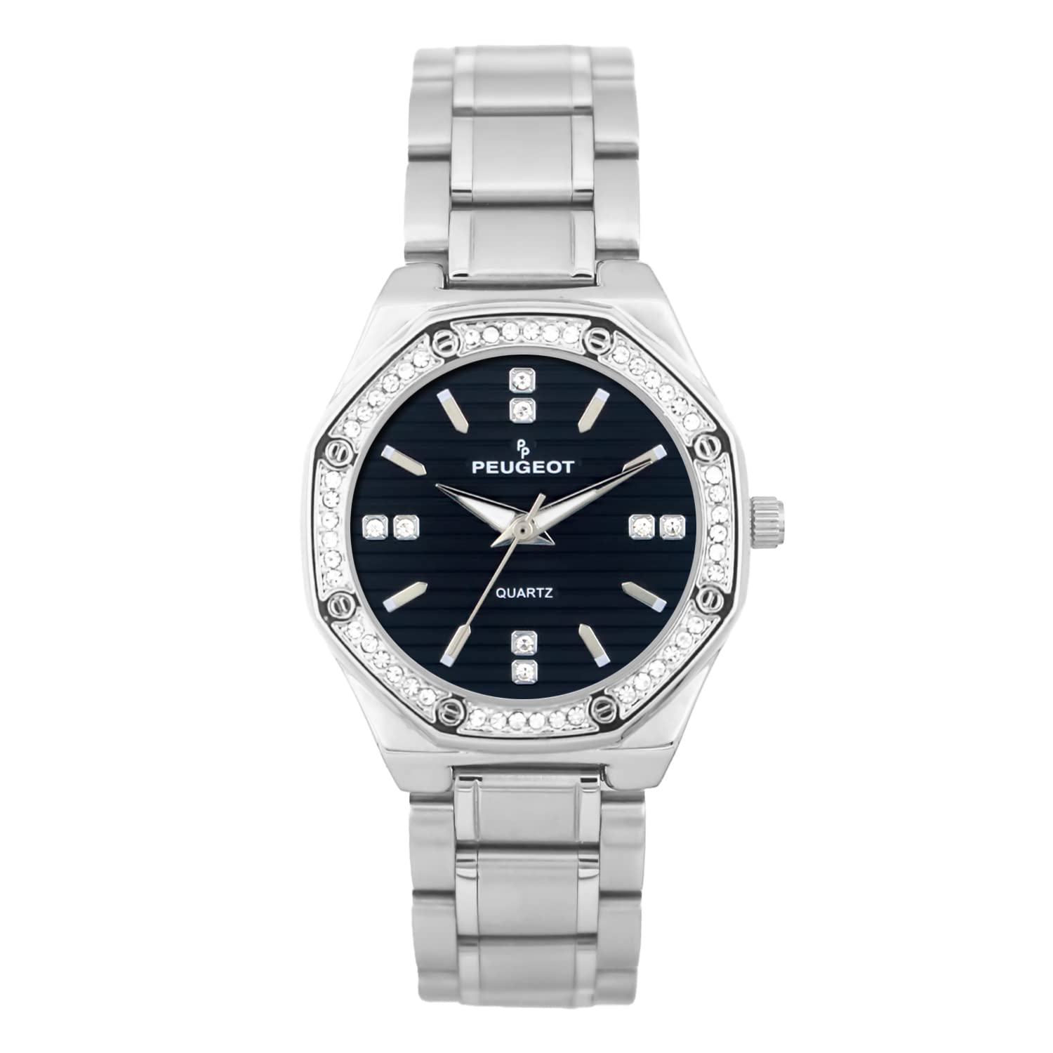 Peugeot PP Women Hex Shape Swiss Design with Crystal Bezel and Stainless Steel Bracelet.