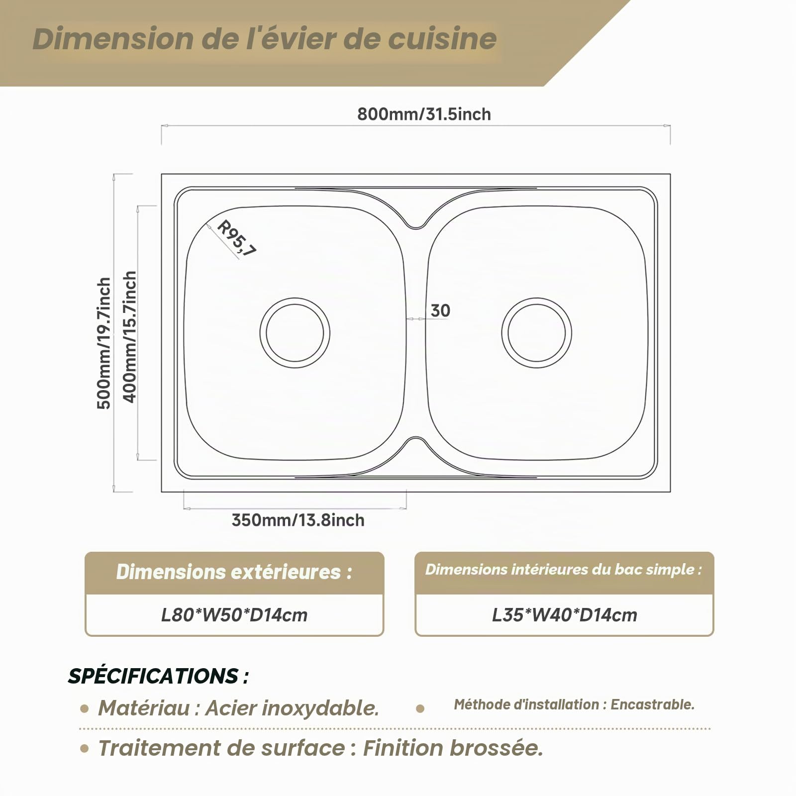 Évier de cuisine double en acier inoxydable - 1 bac et siphon (silvery, 80 * 50cm)