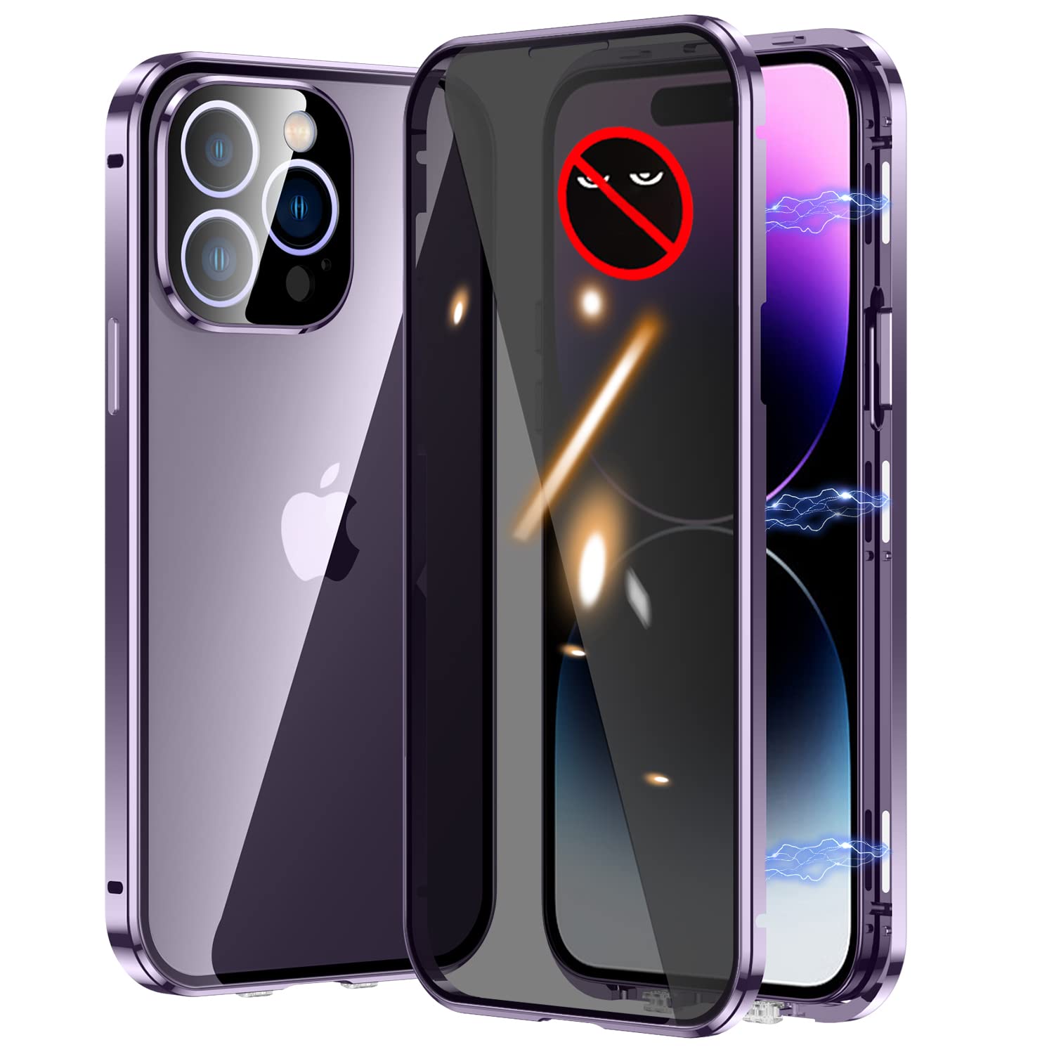 Privacy Screen Protector for iPhone 14 Pro Max Case Full Body Magnetic Buckle Metal Bumper Slim Thin Front and Back 360 Protection with Camera Lens Protector Cover - Purple