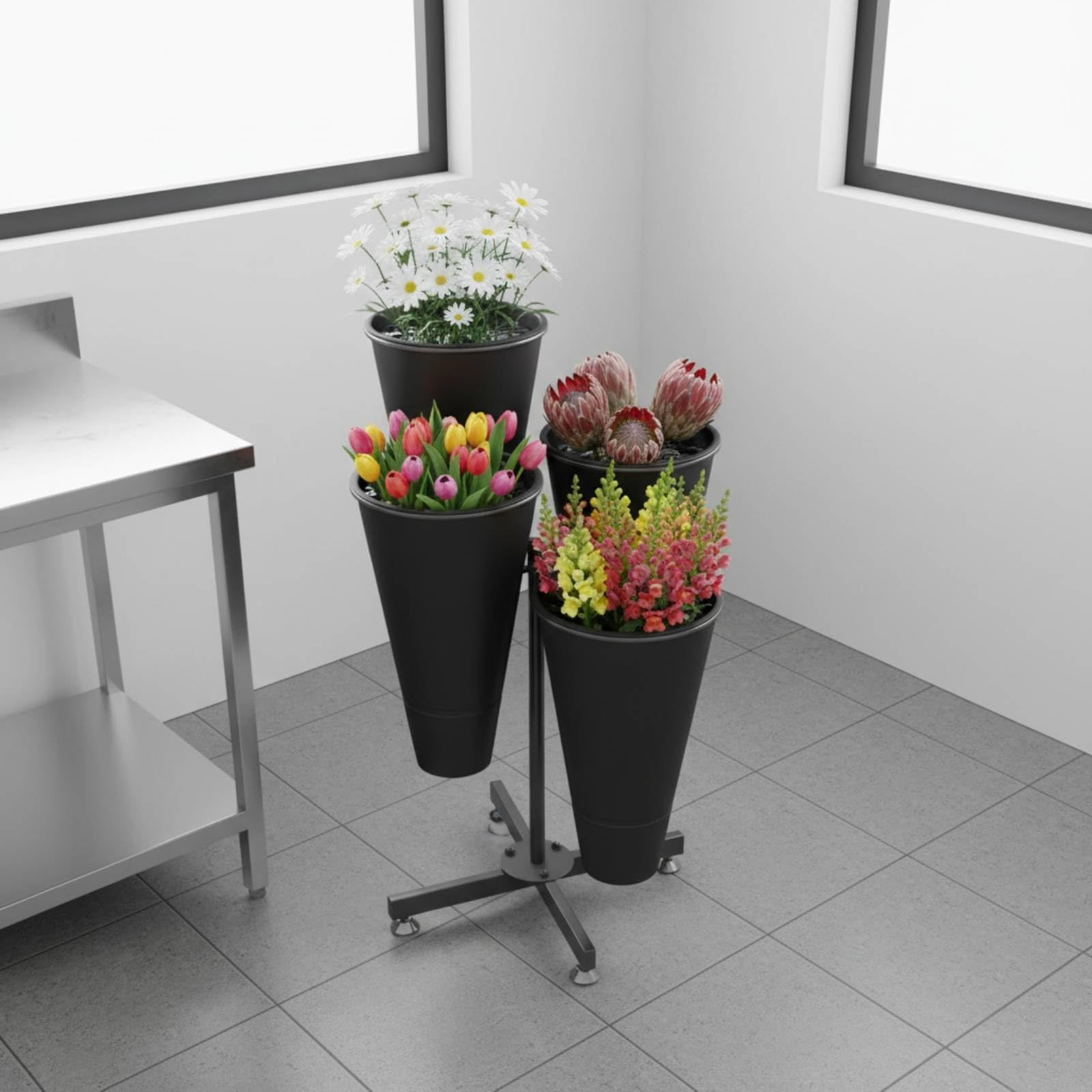 Espositore per Fiori Supporto Vaso Portafiori Scaffale Metallo Struttura in Ripiani a Gradini per Maggiore Profondità Visiva Adatto per Matrimoni Negozi di , Bianco , Unica