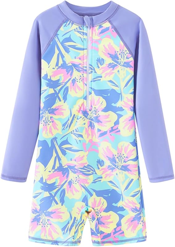 Girls Long Sleeve Rash Guard One Piece Swimsuits with UV Protection Sunsuit