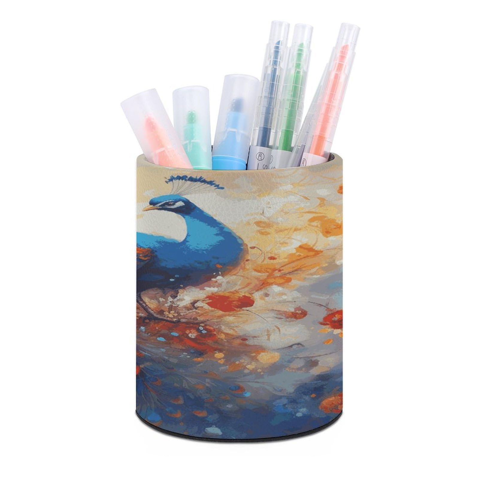 LDGSUPH Peacock2 Round Pen Holder Leather Pen Cup Pencil Cup Pen Organizer Pencil Holder for Desk Organizer Pencil Organizers Makeup Brush Holders for Home Office Gift