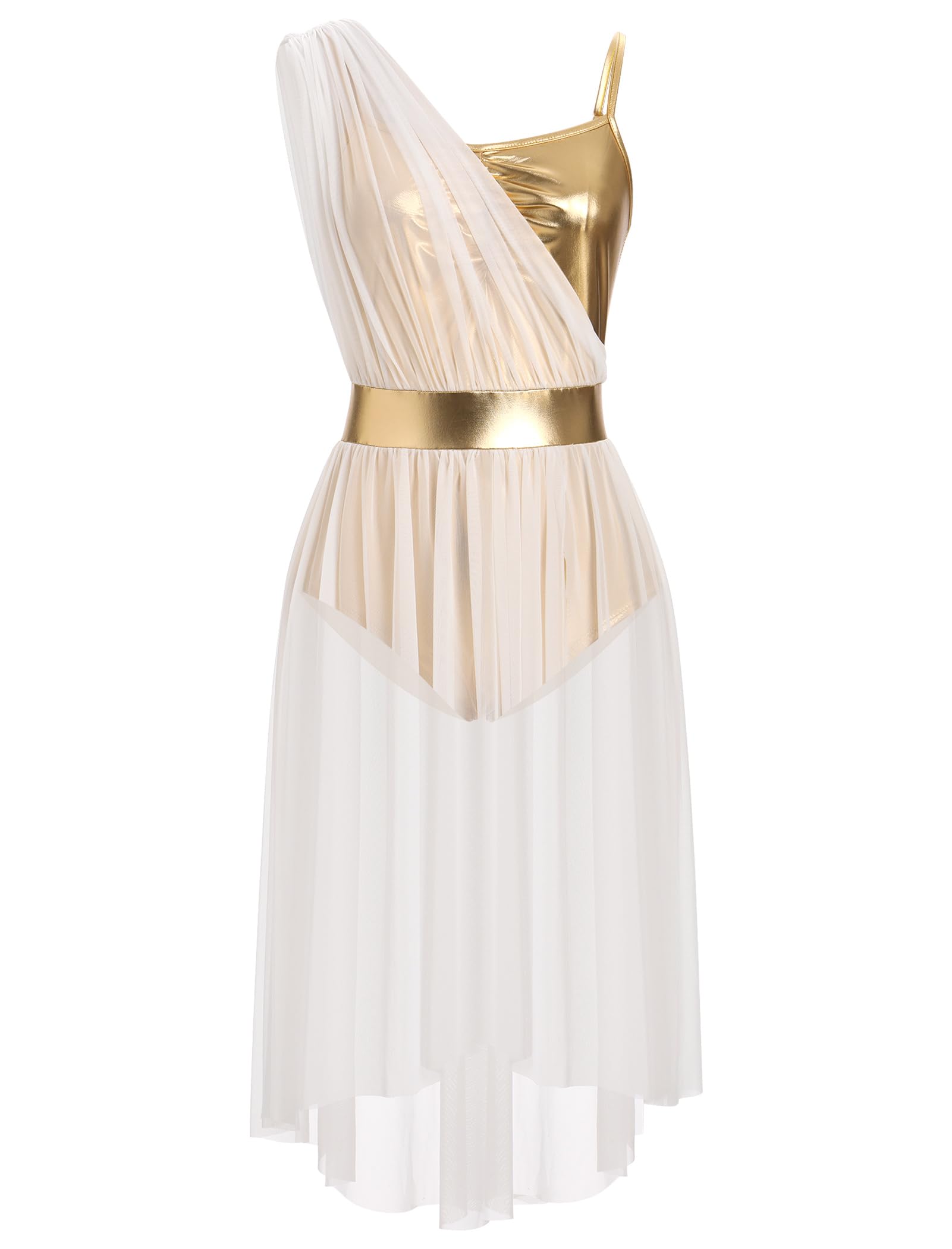 AFAVOM Women's Lyrical Dance Costume Sleeveless V-Neck Shiny Metallic Lyrical Dance Dress Asymmetric High Low Flowy Mesh Tulle Skirt Contemporary Dance Costumes Ballet Leotard Dancewear White S