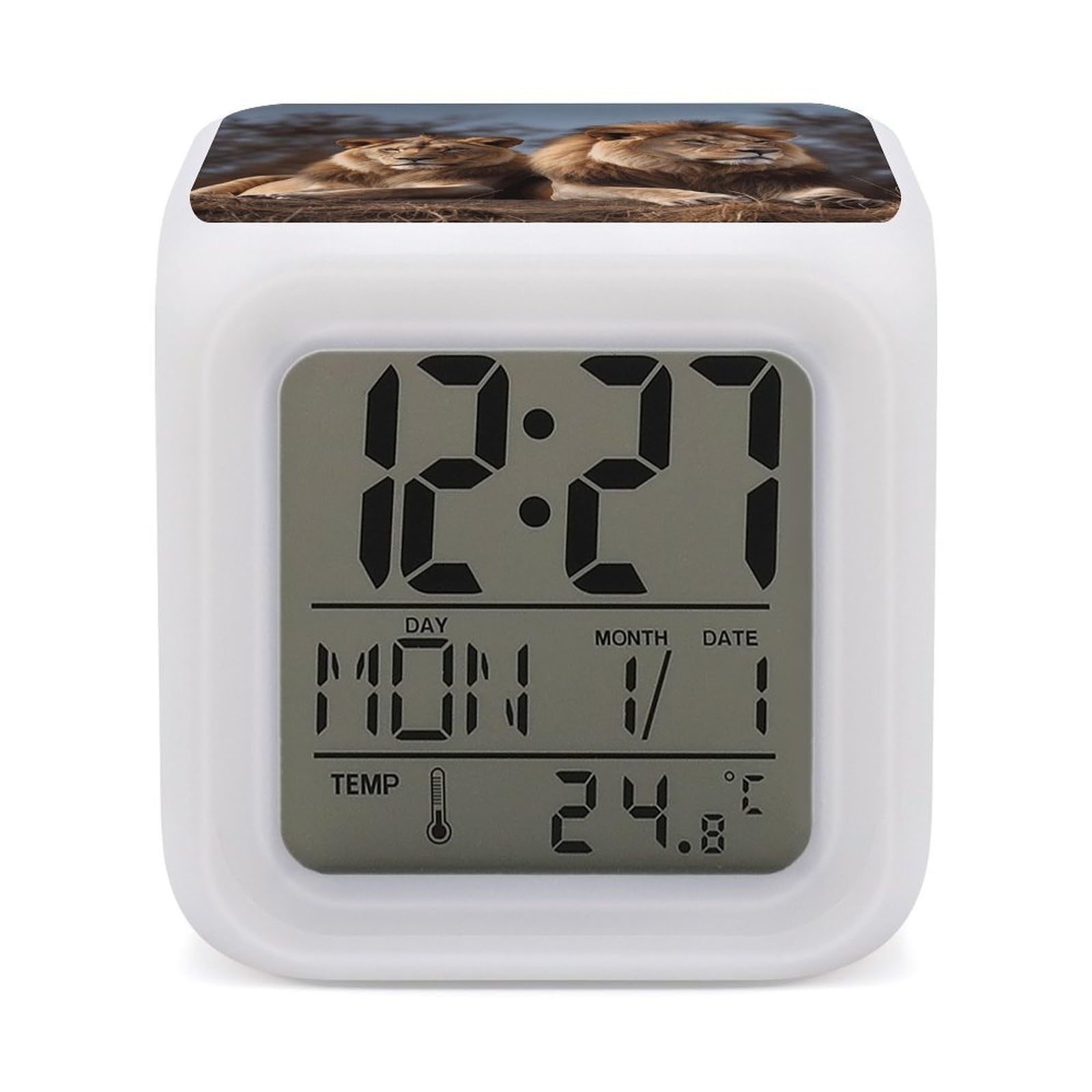 VstaDank Two Lions Alarm Clock for Bedrooms Small Clocks with 7 Color Night Light Desk Clock with Large Numbers Loud Wake Up Timer Ideal for Gift & Room Decor