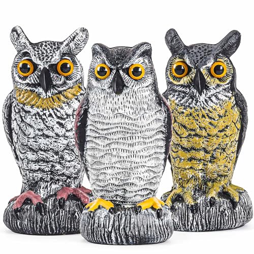 3 Pack Fake Owl Decoy to Keep Birds Away – Plastic Horned Owl Statues Bird Scarecrow Deterrents for Pigeon Hawk Squirrels Woodpecker, Halloween Decoration, Bird Scare Devices for Garden Outdoor Yard