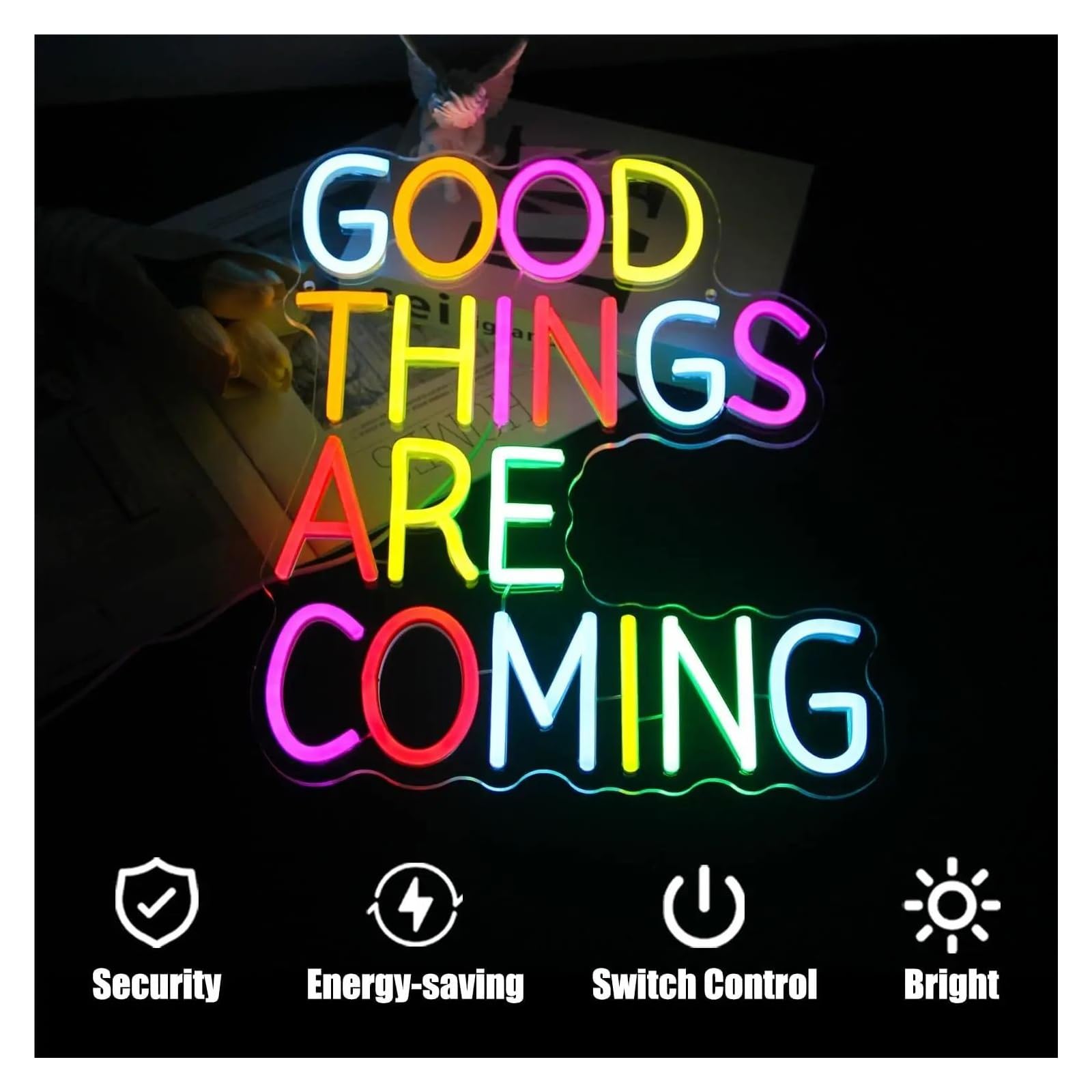 XENITE Luces Art Decoration Christmas Letrero De Neón Good Things Are Coming Con Citas Inspiradoras, Regulable Por USB, Para Dormitorio, Bar, Oficina, Sala De Lectura, Decoración 37.5х32cm