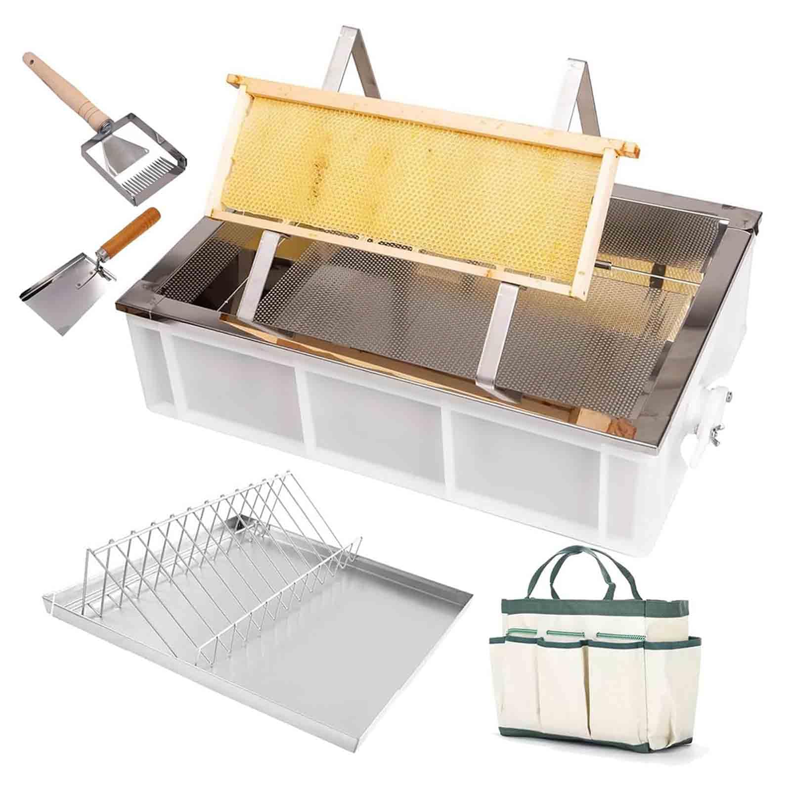 Estación de destapado de apicultura con bandeja de goteo de acero inoxidable y bañera de plástico, herramientas de recolección de miel, fácil de limpiar, adecuada para granjas y apicultura
