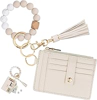 KNGITRYI RFID Blocking Slim Wallet Keychain Wristlet for Women - 9 Card Slots, Silicone Beaded Bangle, Tassel Key Ring Purse