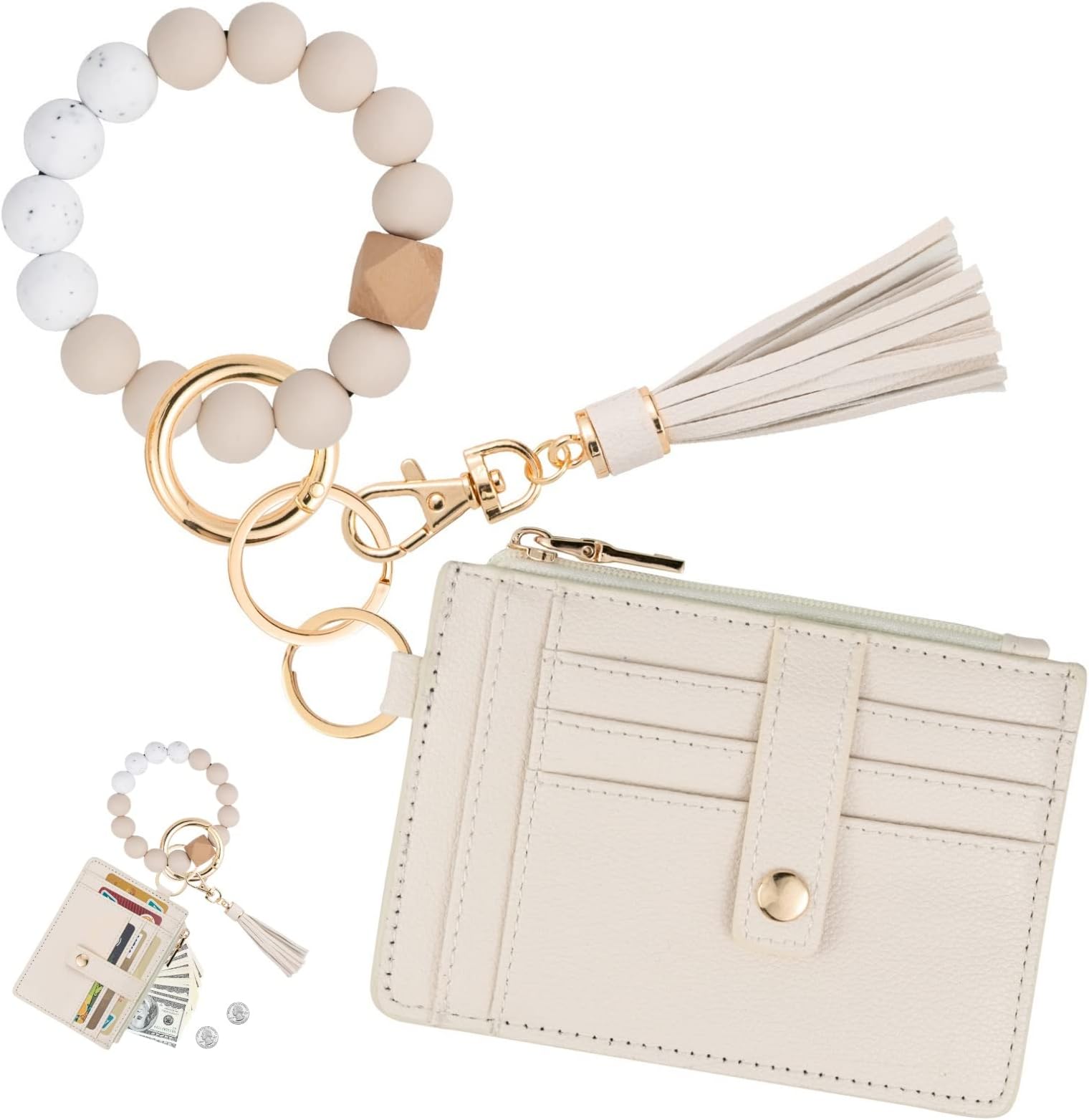 Wallet Keychain Wristlet for Women,Slim RFID Credit Card Holder Purse Tassel Keychain Bangle Key Ring for Men Women, Beige, 0.3 * 4.97 * 3.6, Classic