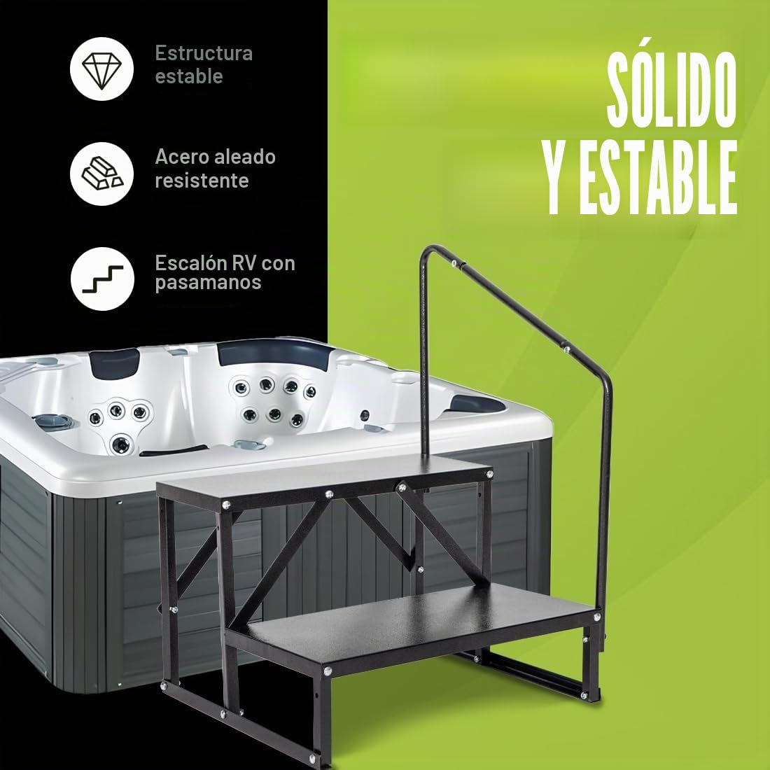 Escalera antideslizante, dos peldaños, pasamanos, escalones de hidromasaje, 2 niveles para autocaravanas, camping, remolques
