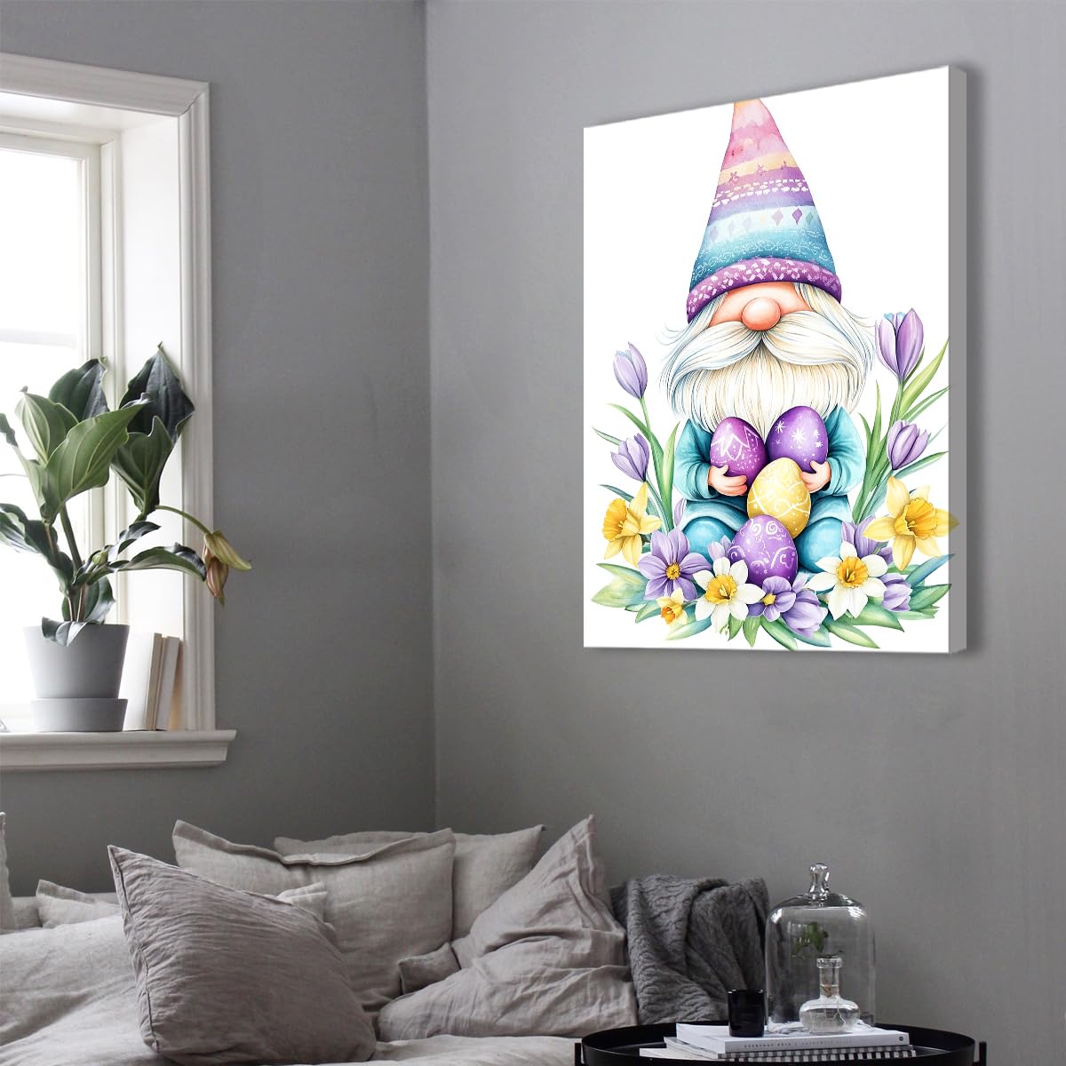 TOANGWALL Enanos vibrantes sosteniendo huevos Estampado en lienzo Flores moradas Imágenes Estampado Diseños pastel de sombrero Obras para biblioteca Salón Decoración del hogar 60x90cm