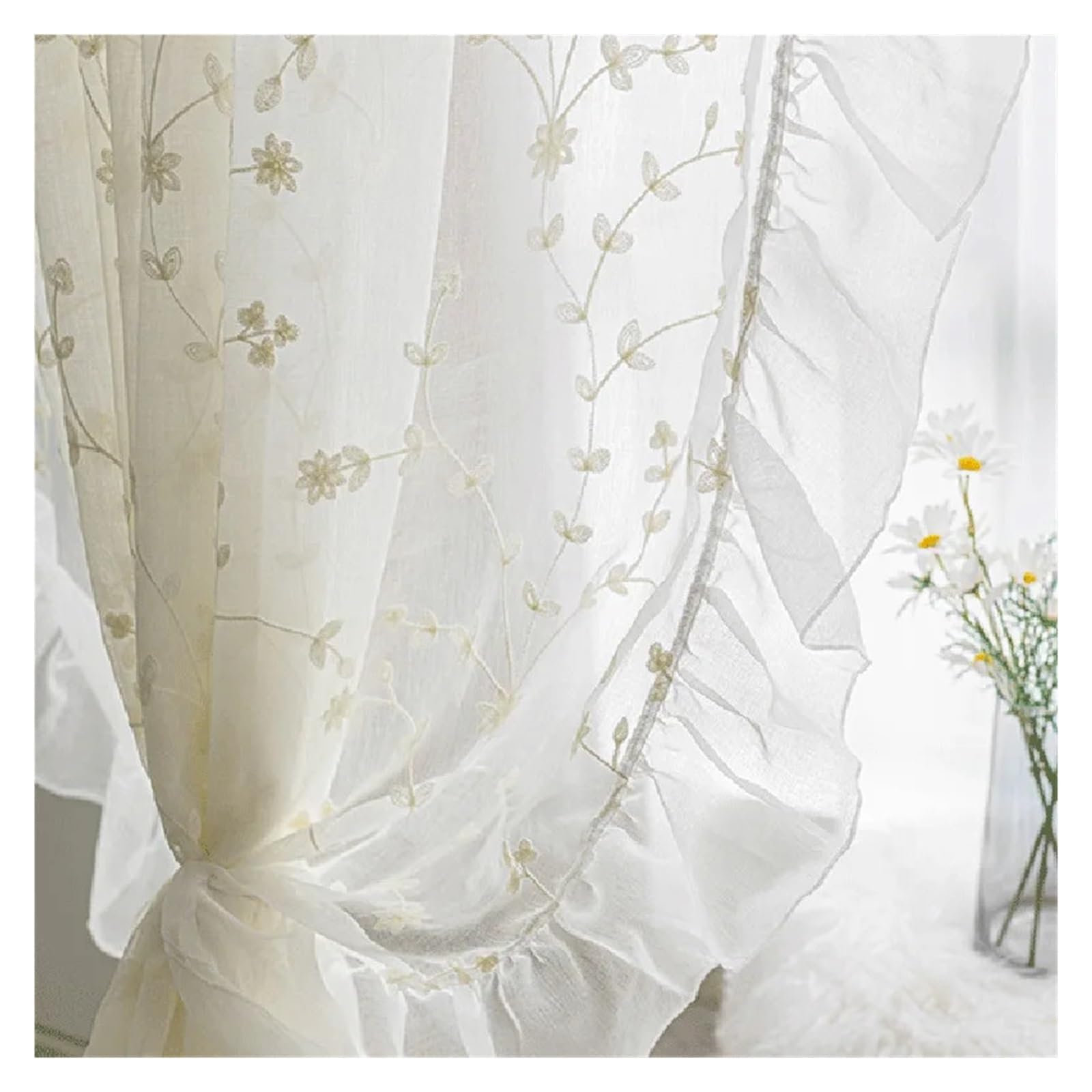 BGHYJKOL Ruffled Curtains White Sheer Embroidered Flowers Tulle Curtains Elegant Ruffle Design Breathable Window For Living Rooms(Grommet Ring,1PC W150 x H240cm)
