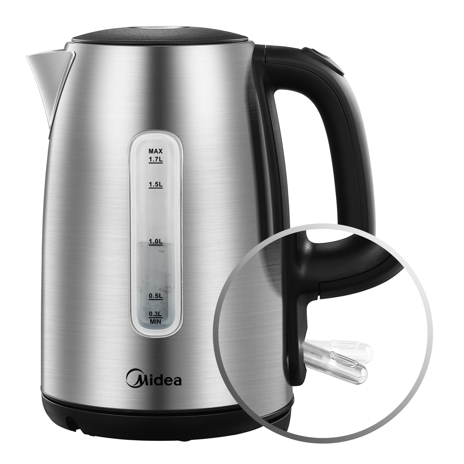 Midea Bollitore Elettrico 1,7L, Acciaio Inox, Kettle senza BPA, 2200 W, Bollitore Acqua con indicatore del livello dell'acqua, indicatore LED, Base di rotazione a 360°