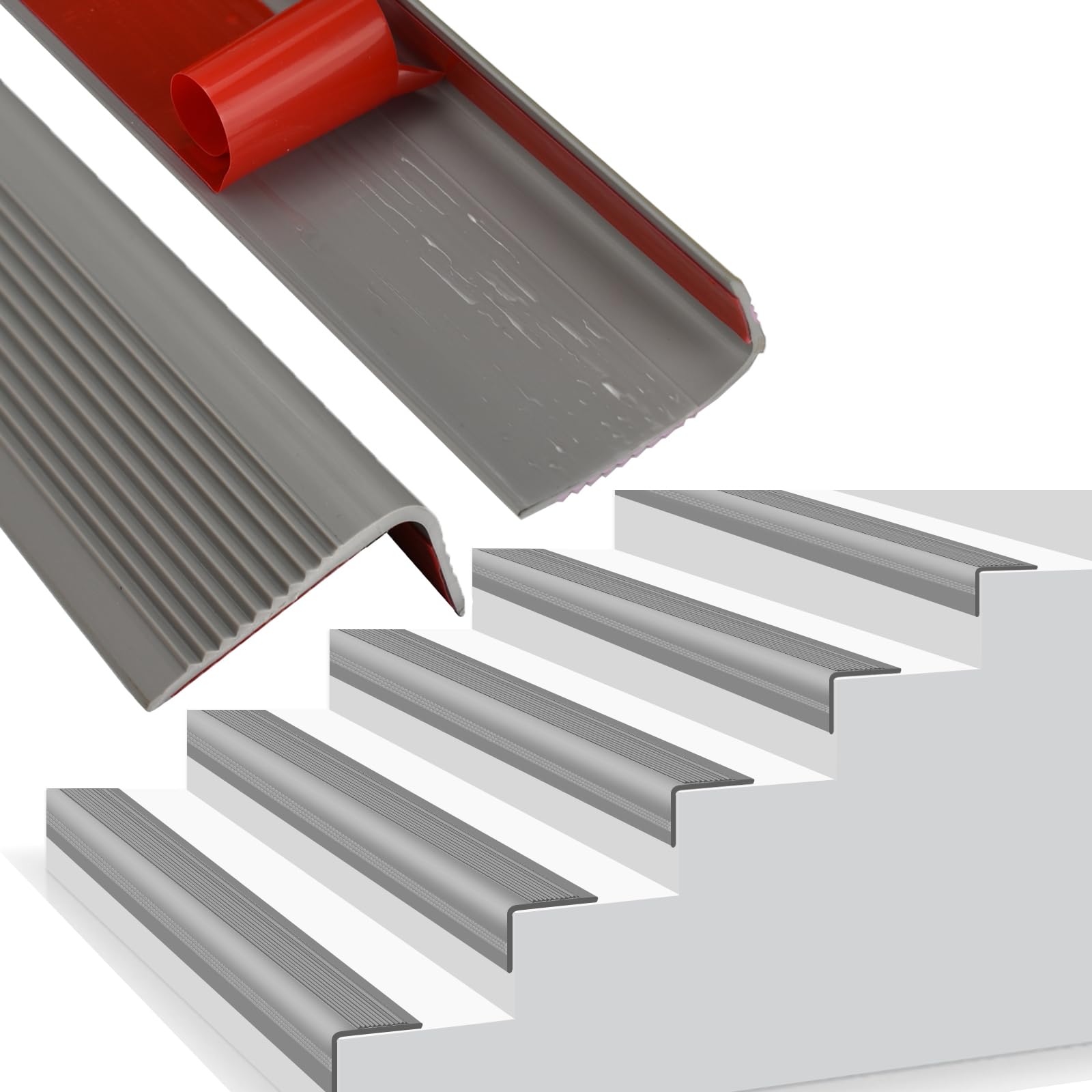 Socein Vinyl Stair Nosing, Rubber Stair Edge Trim, Non-Slip Self Adhesive Stair Edge Protector Suitable for Indoor/Outdoor Stairs (20Ft, Grey)