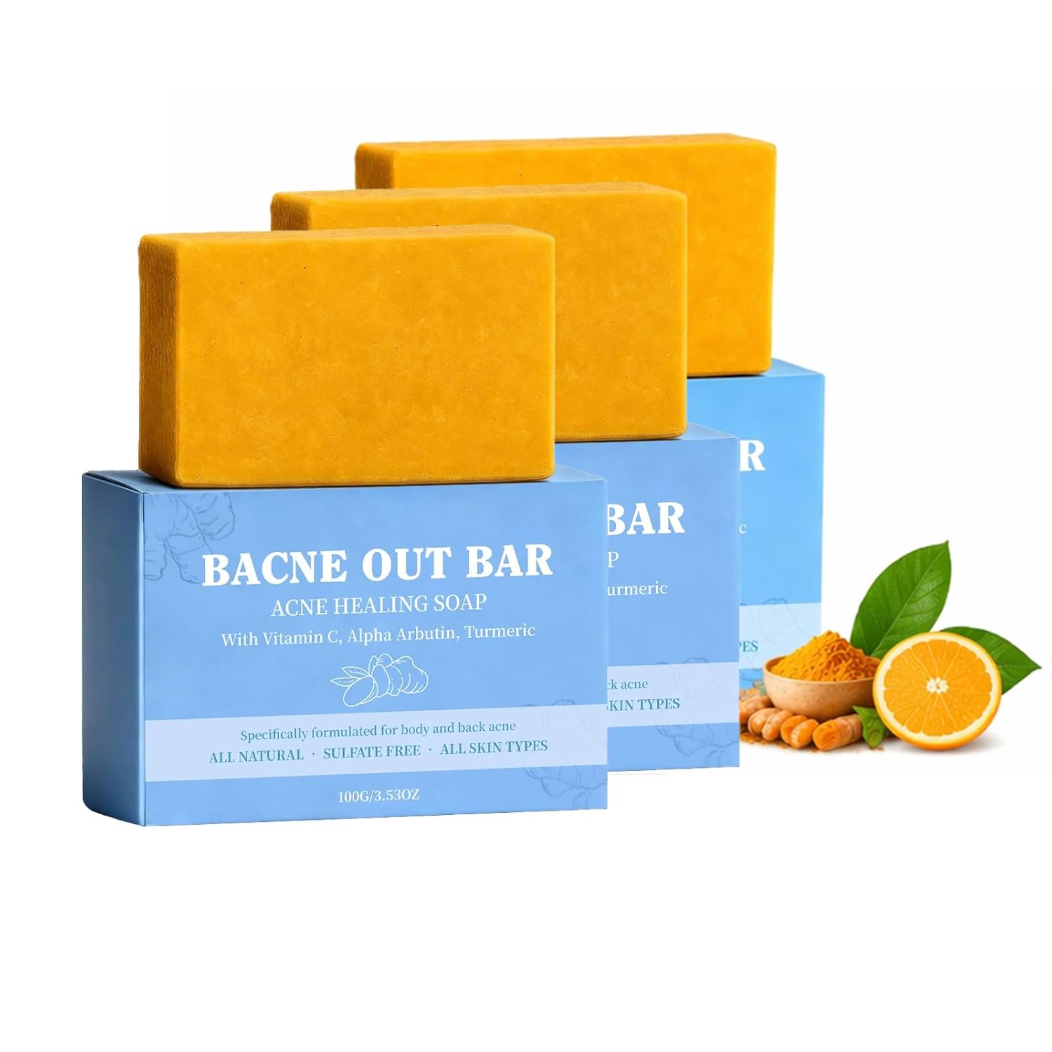 Ecolura Bacne out Bar, Back & Bodyacne Clearing Soap Bar with Vitamin C, Alpha Arbutin, Turmeric, Natural Exfoliating Cleanser, Correction Soothing Non Drying (3pcs)