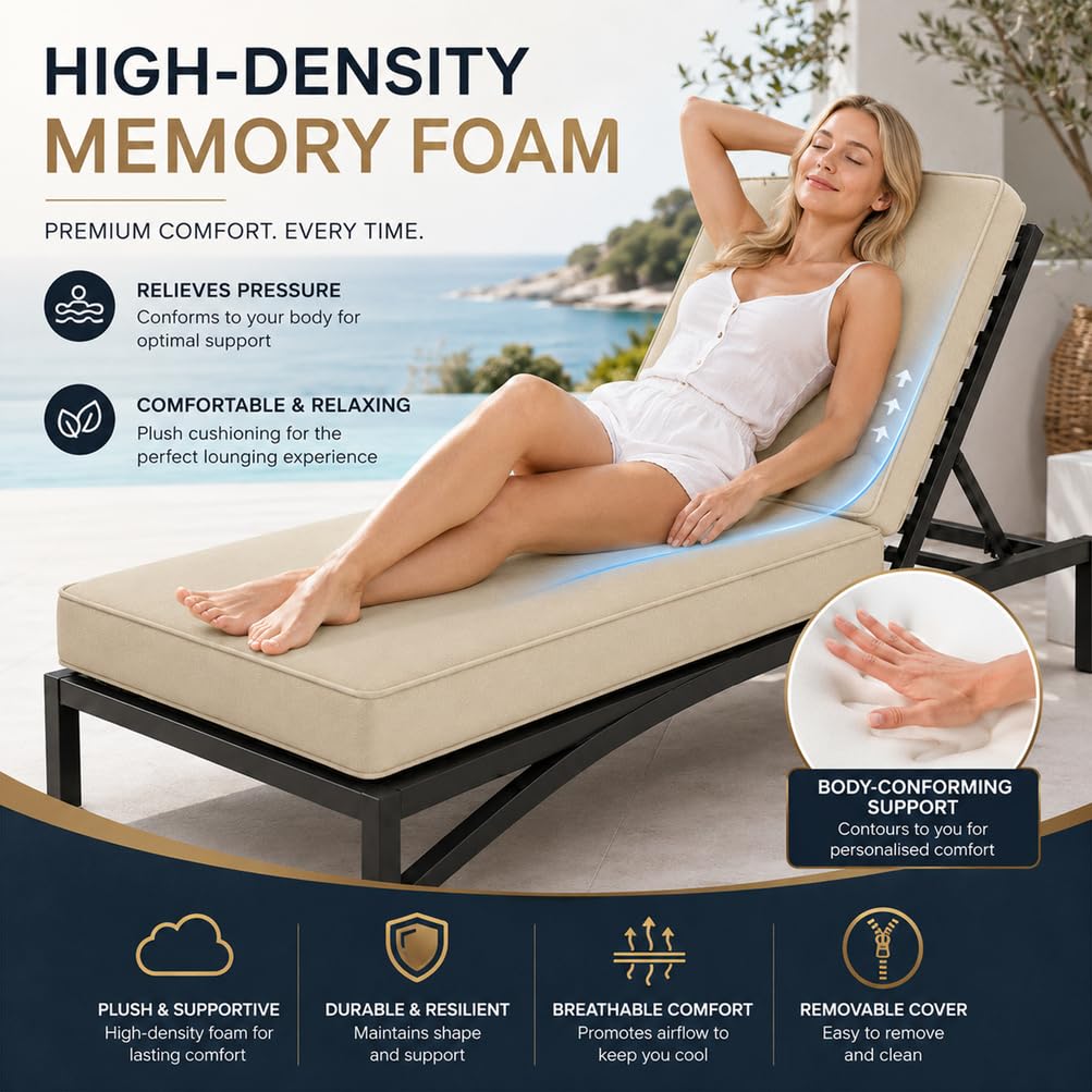 Coussin Bain De Soleil Imperméable Mousse Haute Densité 50D Indéformable pour Transat De Jardin | Matelas Chaise Longue Extérieur avec Base Antidérapante, 6 Attaches,Blanc,188x58x5cm