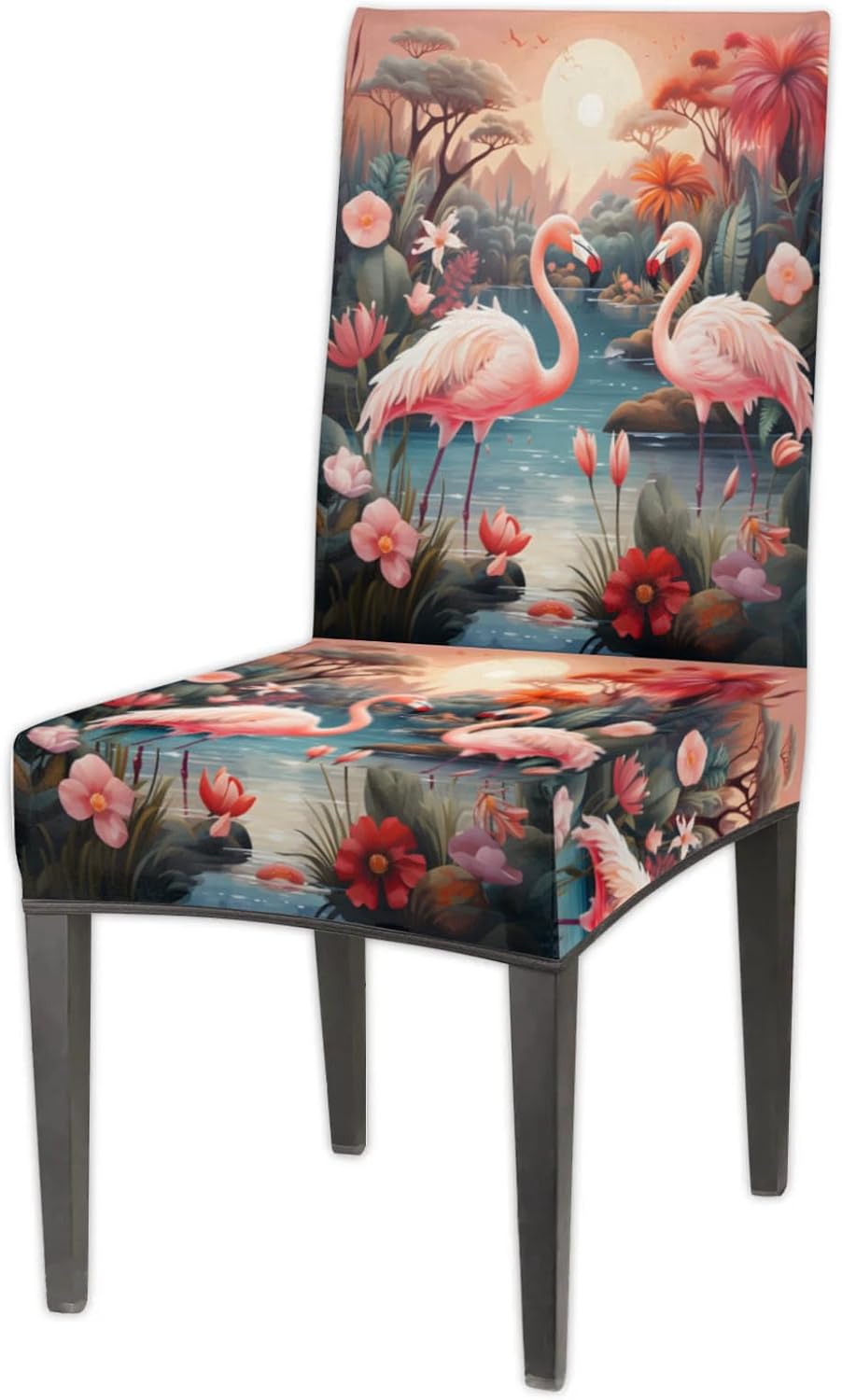QsirBC Flamingo Flower Tree Stretch Dining Room Chair Covers Set of 6 Chair Slipcovers Removable Washable Kitchen Seat Covers Chair Protectors for Hotel Party Wedding