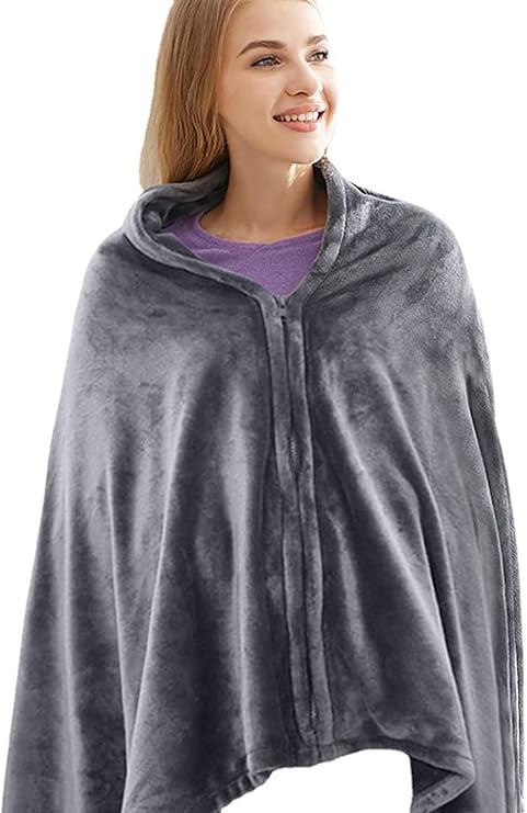 Review IUIBMI Heated Throw Blanket Plush USB Electric Throw Blanket with Zipper, Adjustable 3 Levels Temperature, Wearable Portable Throw Poncho Wrap for Shoulder and Neck, Machine Washable, 59x 33.5 inch