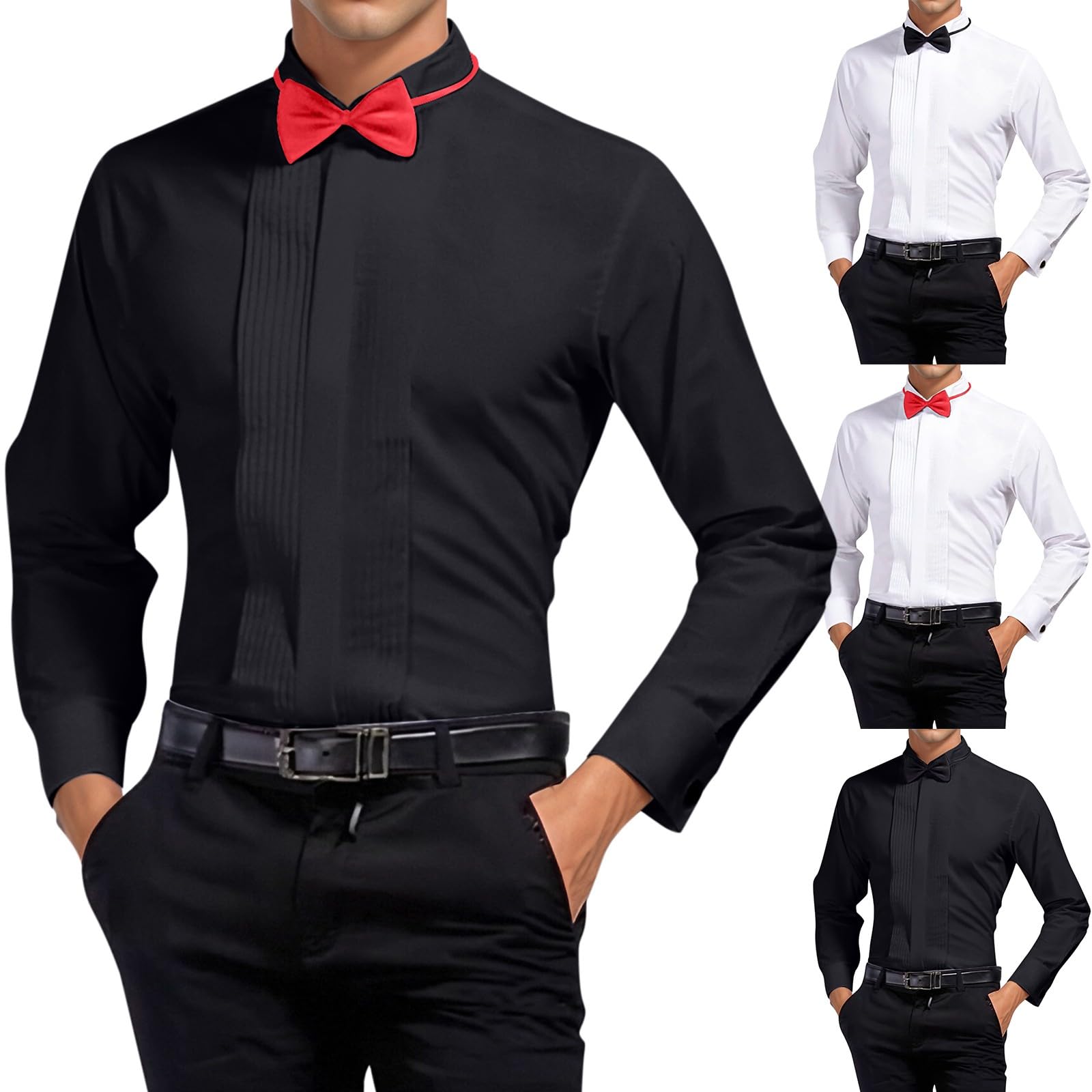 Chemise de smoking pour homme - Col rabattu - Chemise boutonnée - Plis avant - Manches françaises avec 2 nœuds papillon - Couleur unie
