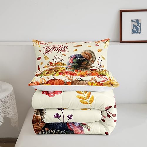 Miniatura 5 de Juego de edredón para el día de Acción de Gracias, tamaño individual, juego de ropa de cama de acuarela pavo y calabaza, 2 piezas para decoración de