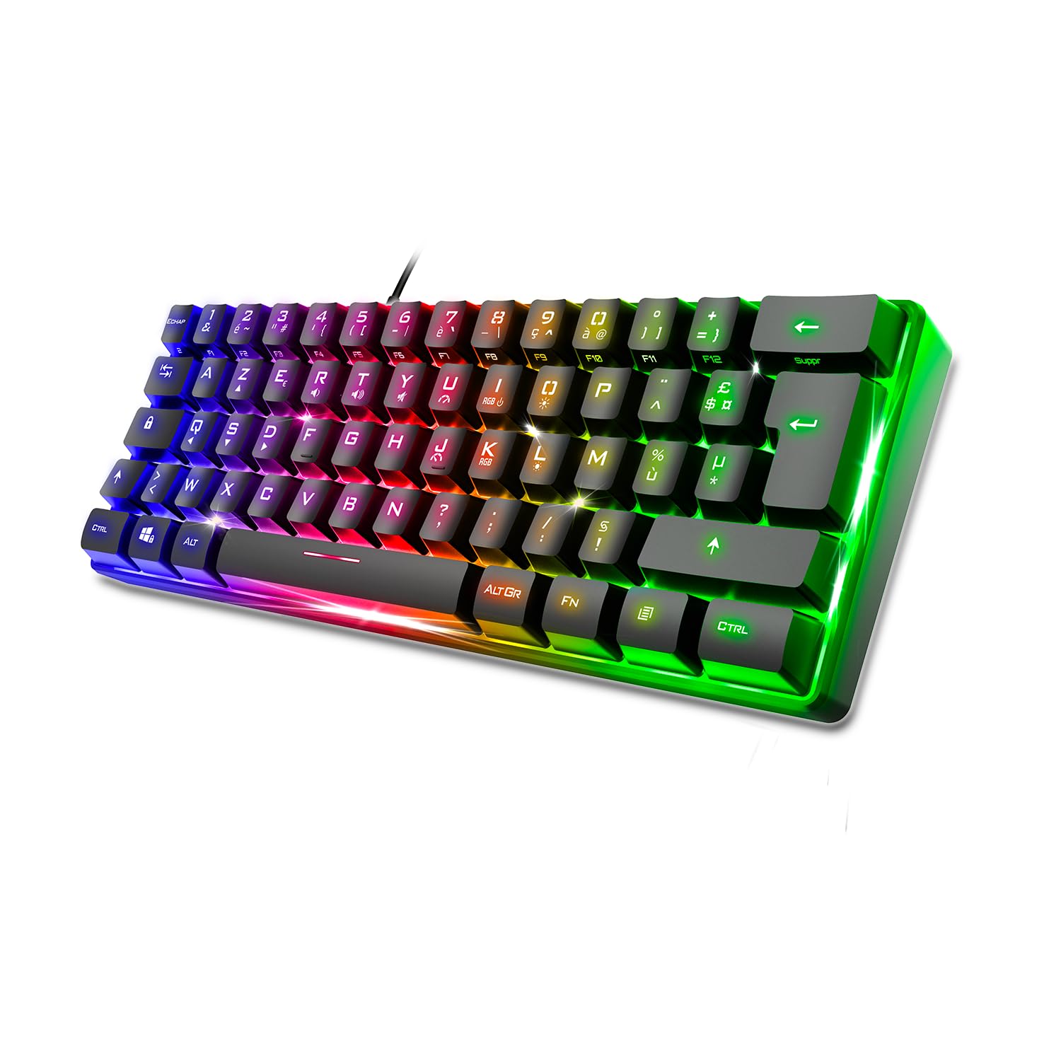 Spirit Of Gamer - Pro K2, Clavier Gamer Filaire Semi-Mecanique, Format Compact TKL 60%, 62 Touches Dont 24 Anti-Ghosting, Rétro-éclairage RGB Arc-en-Ciel, Hauteur réglable, Noir