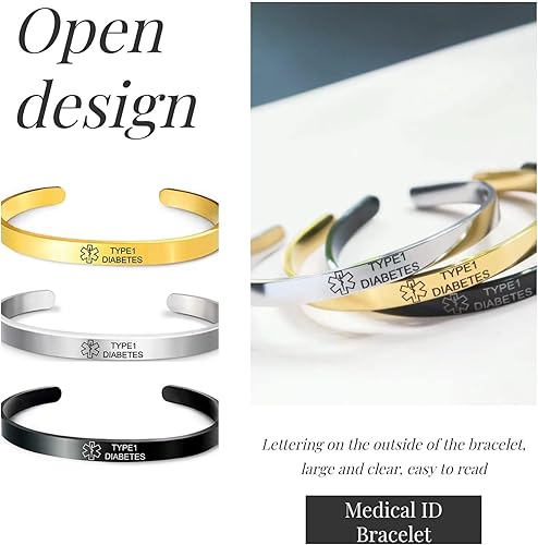 Miniatura 3 de RENYILIN Pulsera de brazalete de acero inoxidable 3PCS Alerta médica ID de emergencia pulsera de primeros auxilios