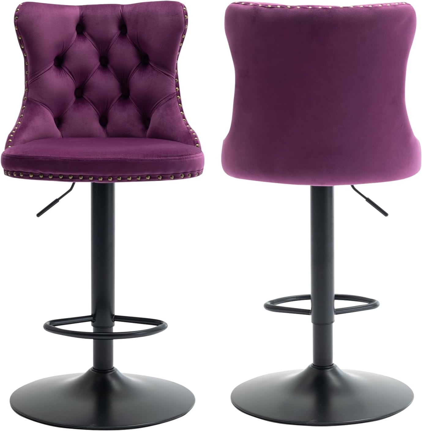 Purple Bar Stools Set of 2, Adjustable Upholstered Counter Height Barstools with Back and Black Footrest, Modern Velvet Swivel Barstools for Kitchen Counter, Purple
