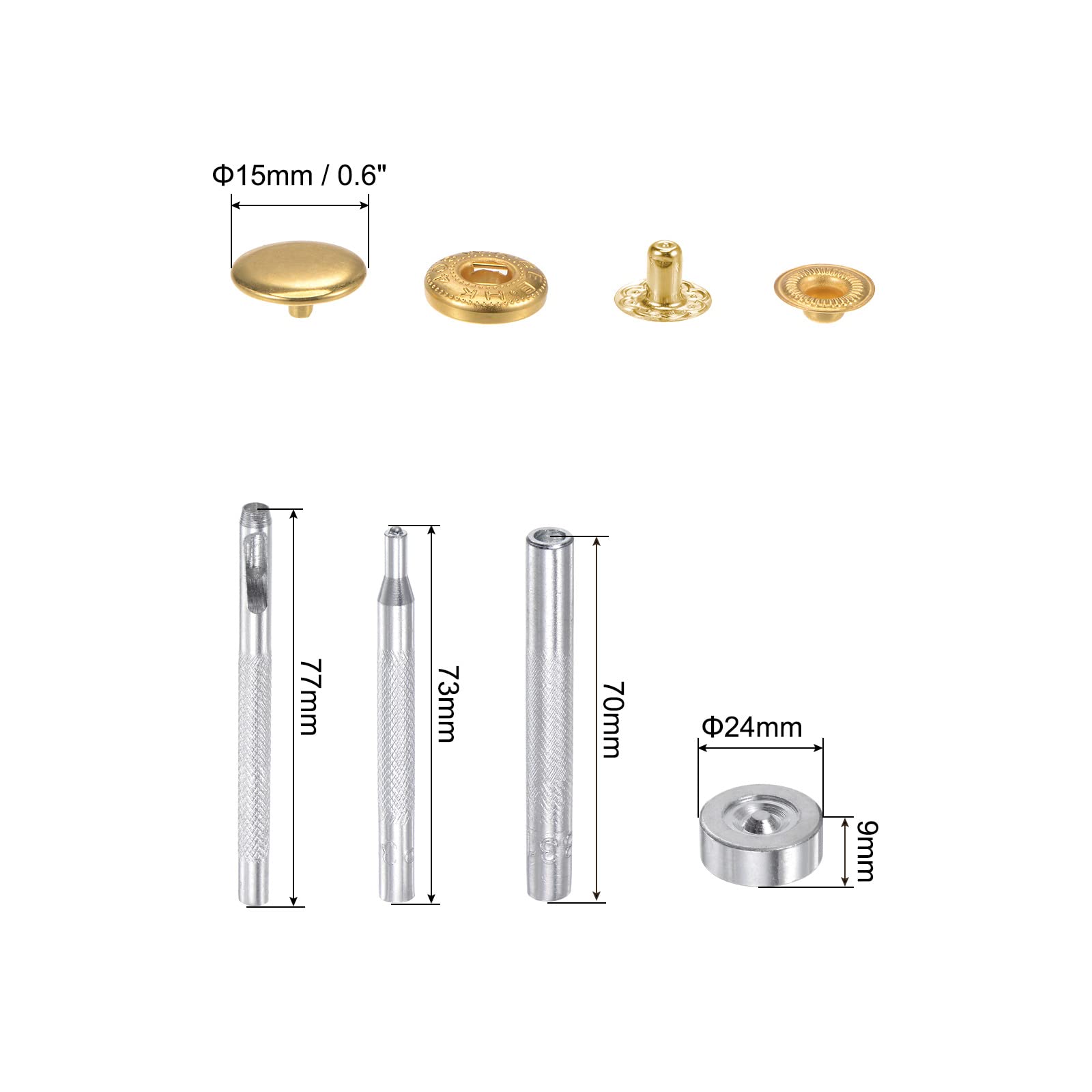 12 Ensembles De Boutons-Pression 15mm Avec Outils - Doré