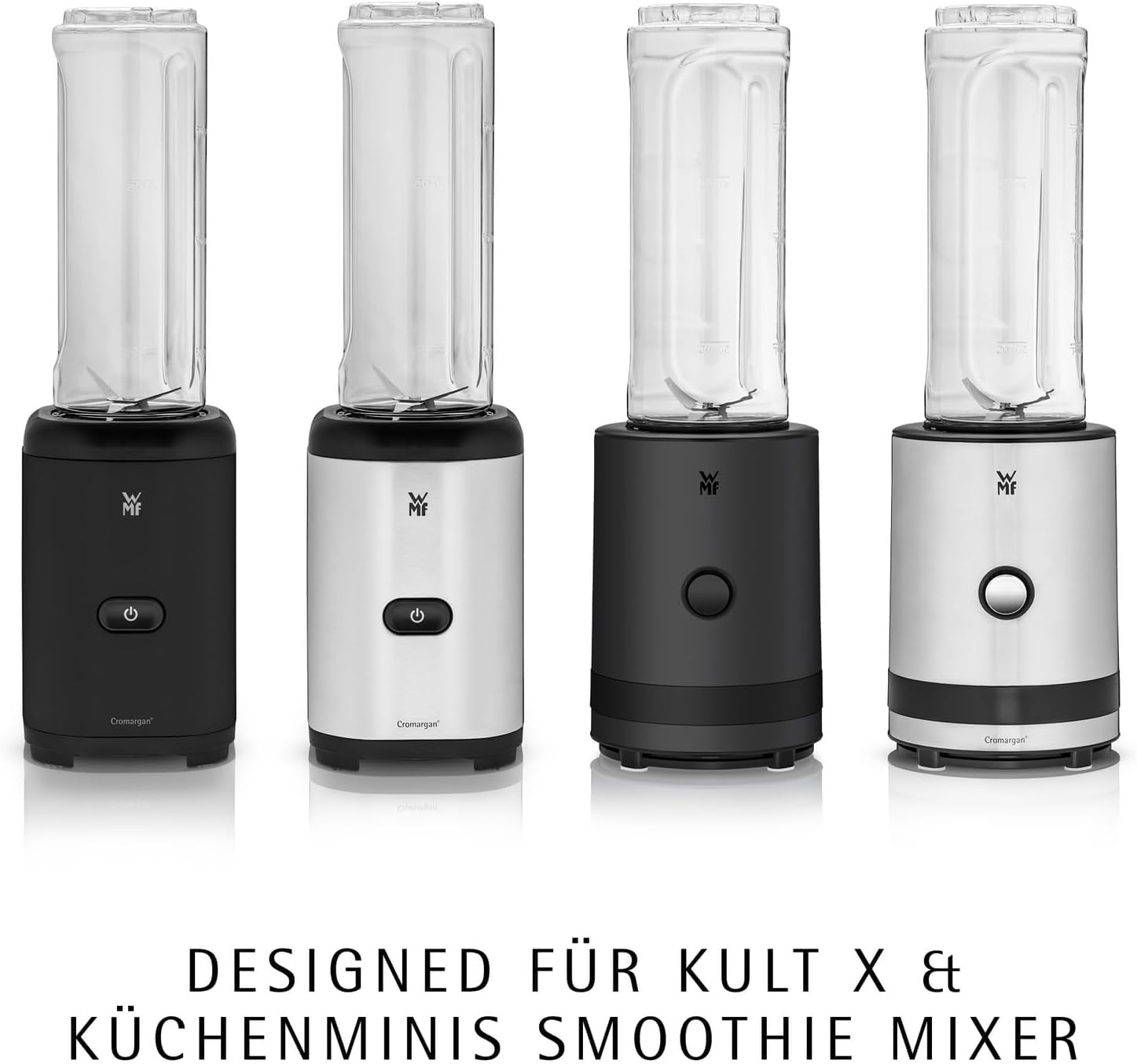 WMF Küchenminis Smoothie-to-go, Smoothie Maker klein, Mini Standmixer mit zwei Mix-/Trinkbehältern 0,6l, 300 W, edelstahl matt
