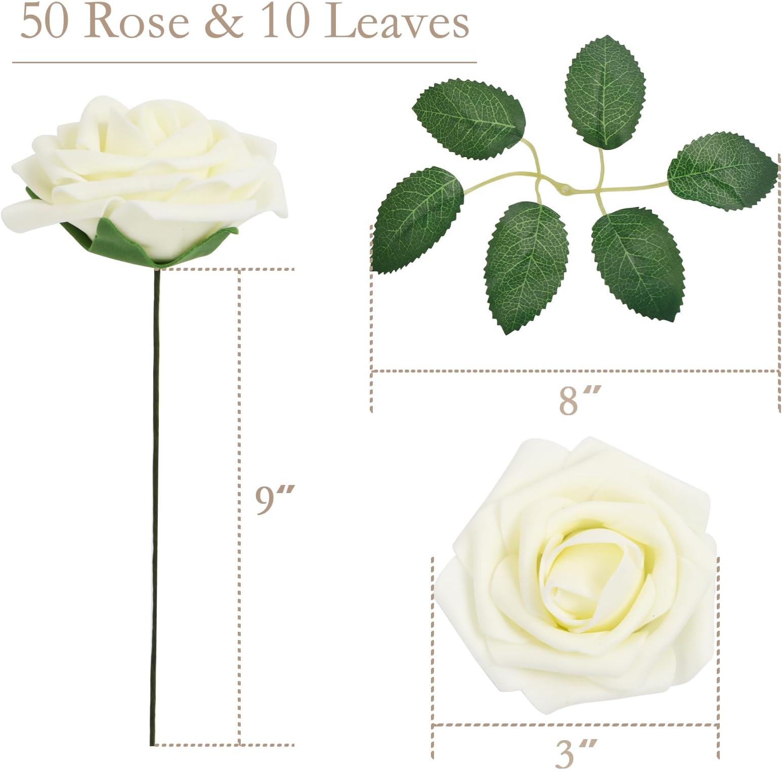 HappyHapi 50Pcs Artificial Flowers Roses Bulk Ivory White Foam Fake Roses with Stems for Wedding, Bridal Shower Decorations Fake Flowers Centerpieces Tables Decorations