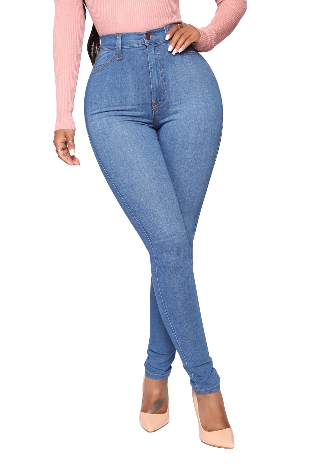 KUNMI - Vaqueros clásicos de cintura alta para mujer, ajustados, elásticos, con levantamiento de glúteos, pantalones vaqueros ajustados, Azul, Medium