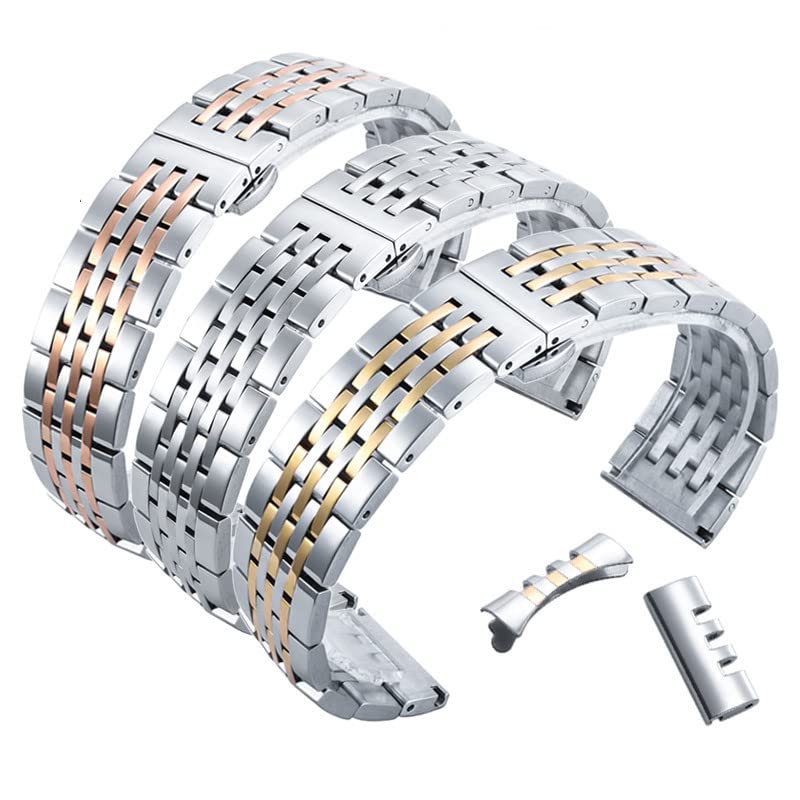 BrightBulb Acero Inoxidable Siete Cuentas Pulsera de Arco Hebilla de Despliegue Correa Metalica-Oro 12mm