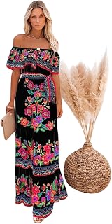 Women Mexican Dress Off Shoulder Floral Summer Beach Party Long Maxi Dresses with Belt
