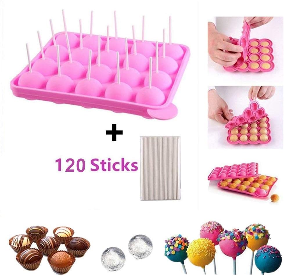 BPA Free Silicone Cake Pop Mold, Lollipop Silicone Molds,Muffin Cake Ice Cube Trays 120 Sticks Gumdrop Jelly Moulds- Pink