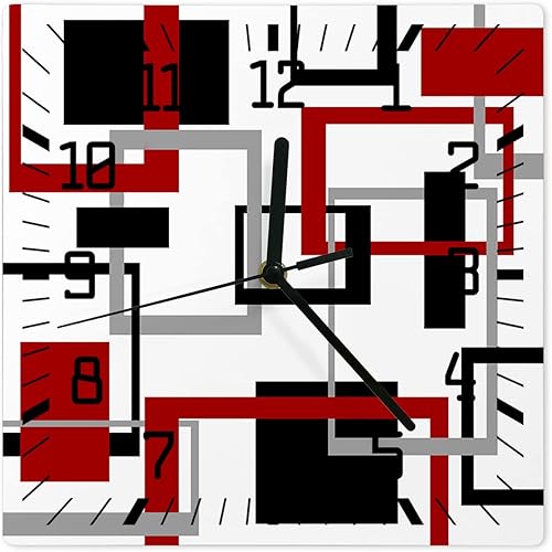 Reloj de pared abstracto geométrico que funciona con pilas, reloj de pared silencioso sin tictac de 10 pulgadas, bloque negro y rojo, relojes de