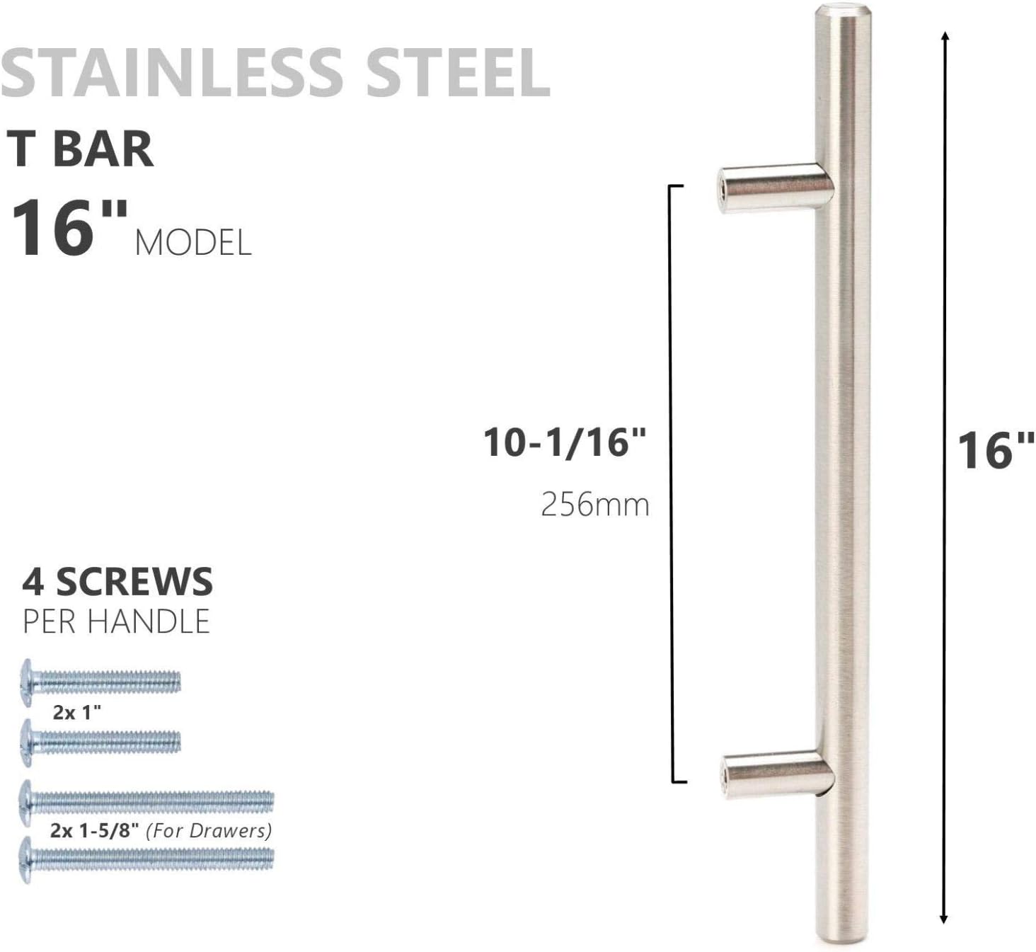 Y&Y Decor 16" Solid Brushed Nickel T Bar Cabinet Pulls Modern Euro Style Stainless Steel Kitchen Cabinet Hardware Drawer Handles (25 Pack)