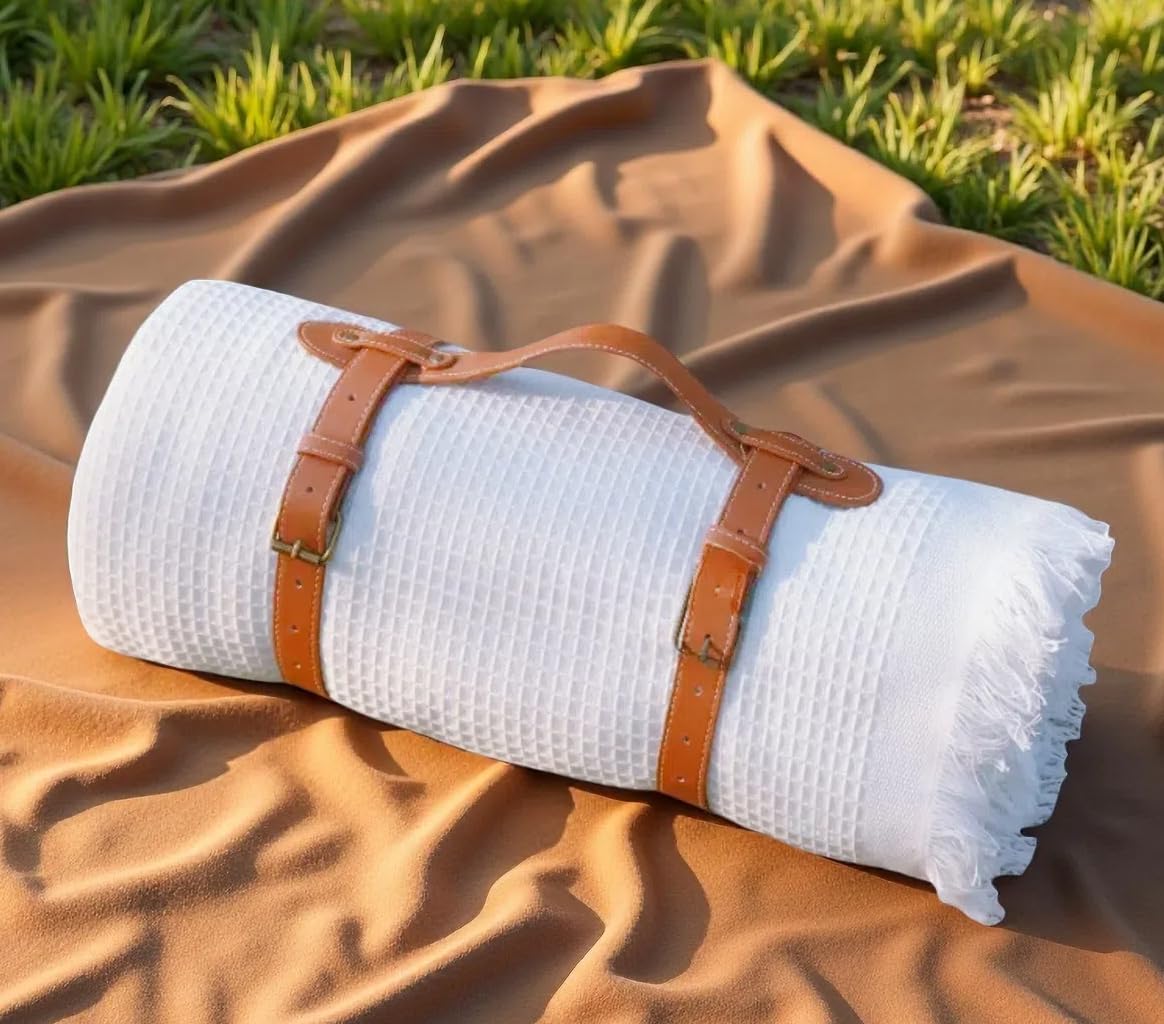 DLCOFOUND Stylish White Picnic Blanket Waterproof and sandproof,All-Weather 2-in-1 Dual-Layer Beach Blanket for Families, Outdoor Adventures and Pets (Grid Pattern)
