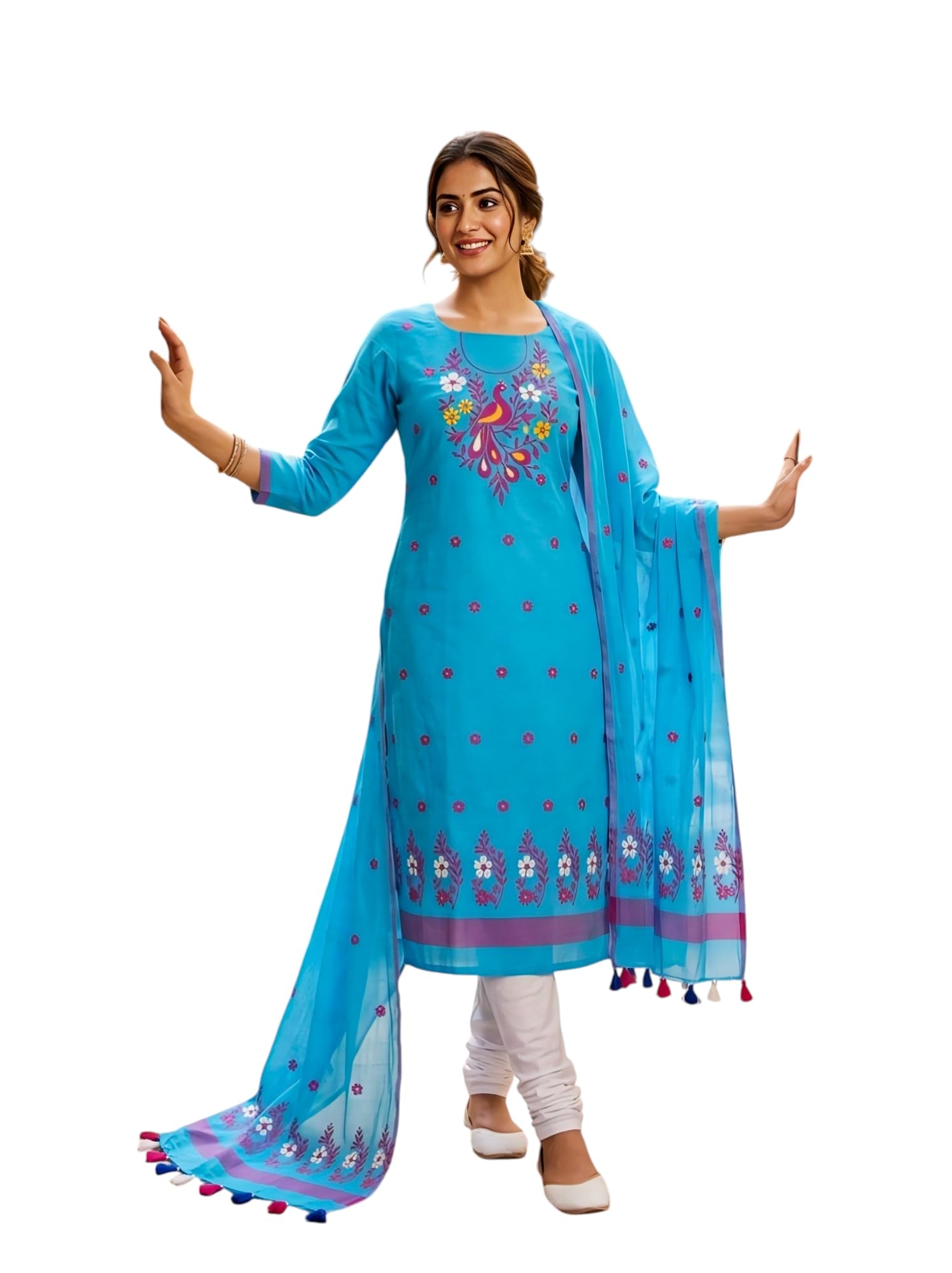 Women's Floral Unstitched Salwar Suit Dress Material with Tasselled Dupatta | Perfect for Custom Churidars & Kurta Sets-image-6