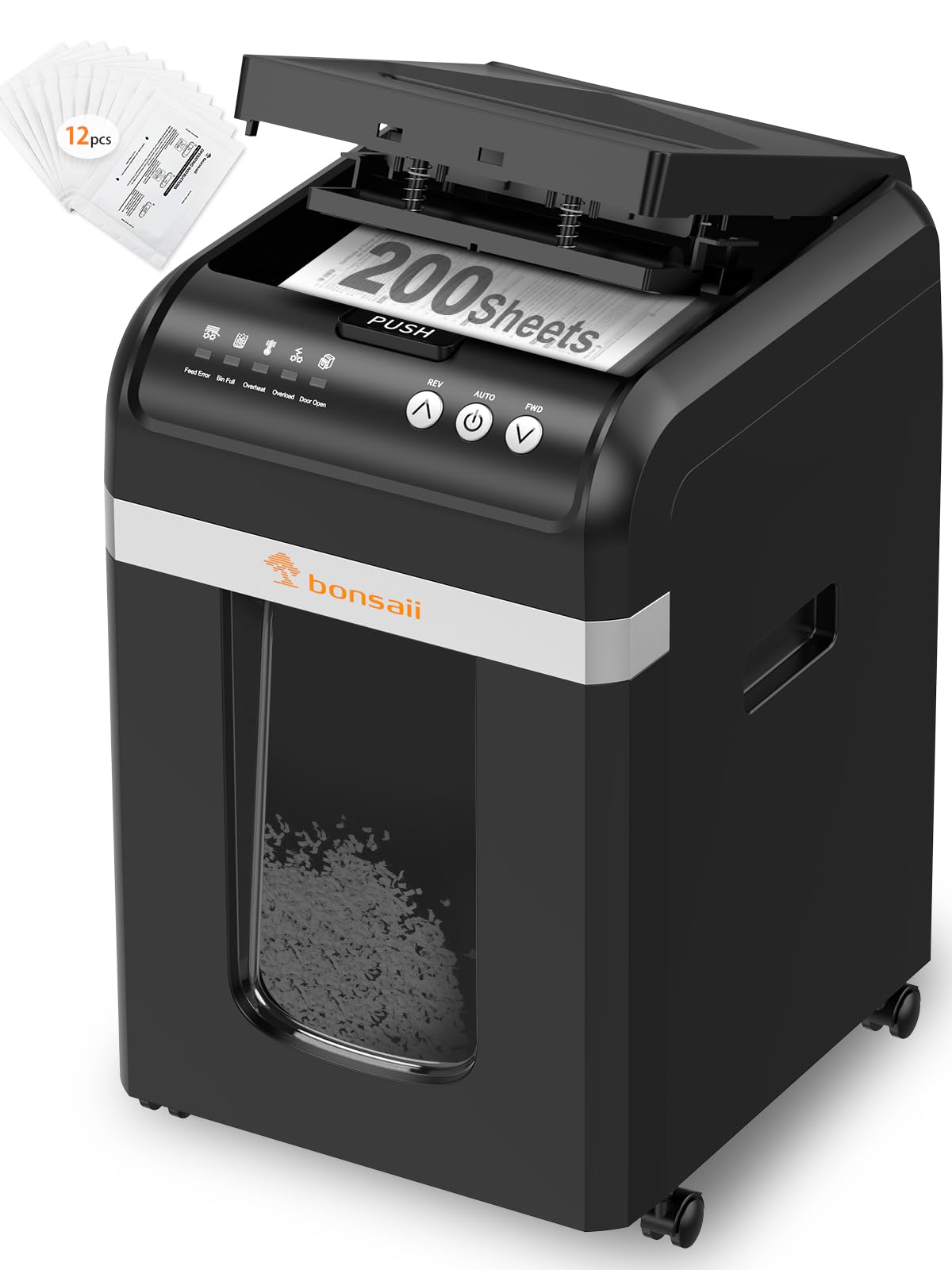 Bonsaii Distruggi documenti con Alimentazione Automatica da 200 Fogli, 60 Minuti di Funzionamento Continuo, Taglio a Frammento P-4, Cestino da 31L, Silenzioso e Ideale per Ufficio, C283-A