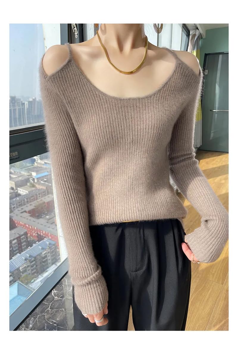 Maglione da donna lavorato a maglia in cashmere con scollo rotondo senza spalline, slim