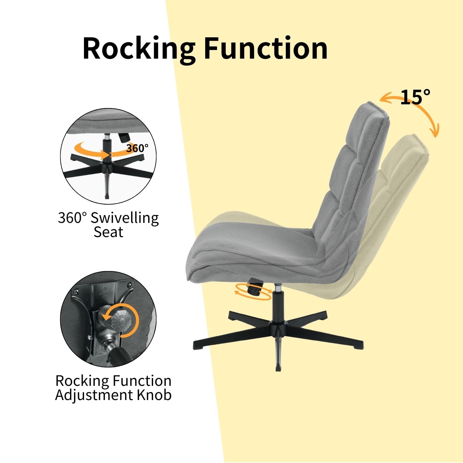 Sillón Giratorio Moderno con función reclinable, cojín de Asiento de Tela, Base de Metal, Gris