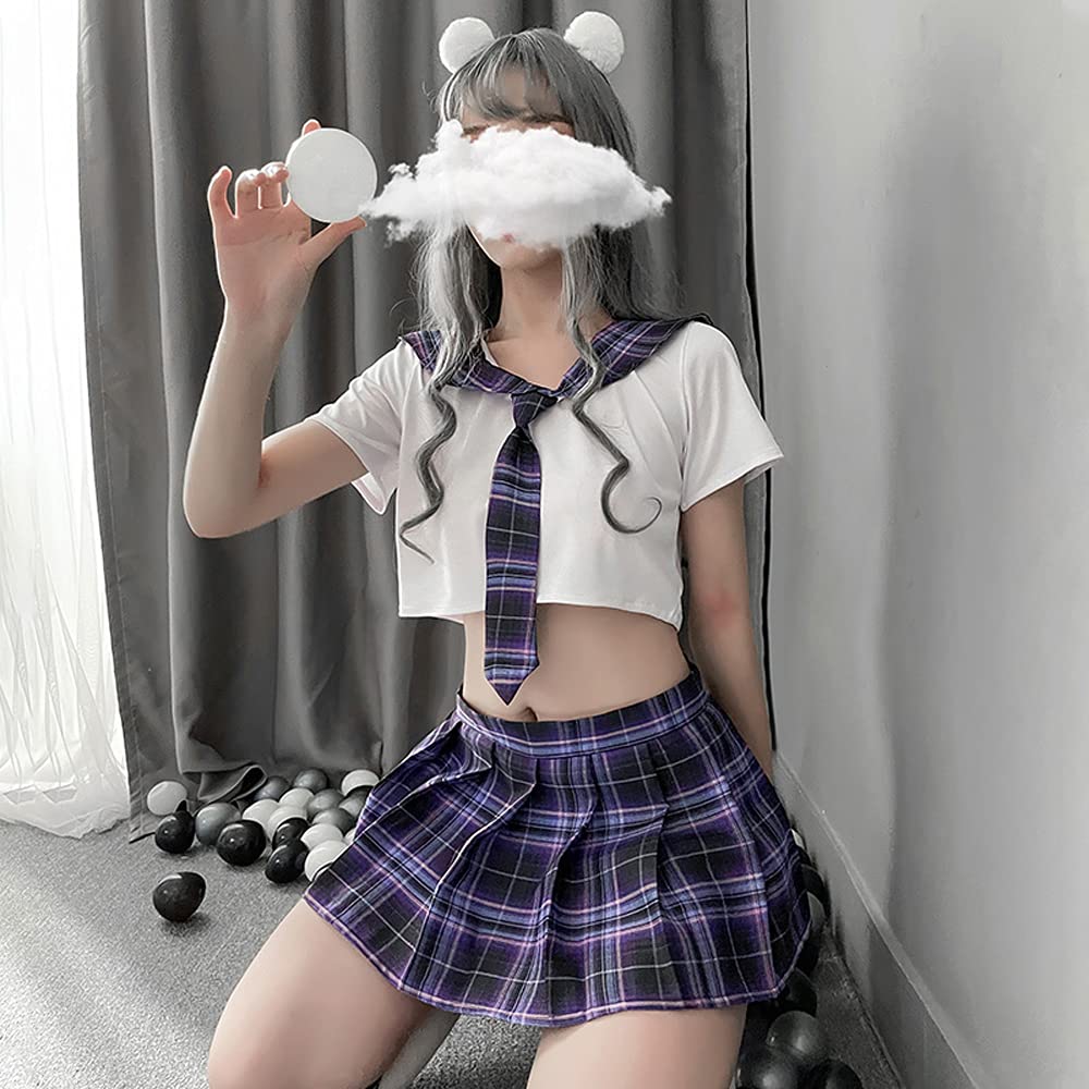 Schoolgirl Outfits Japanese Plaid Pleated Skirt JK Uniform Cosplay Lingerie: 7039white Purple