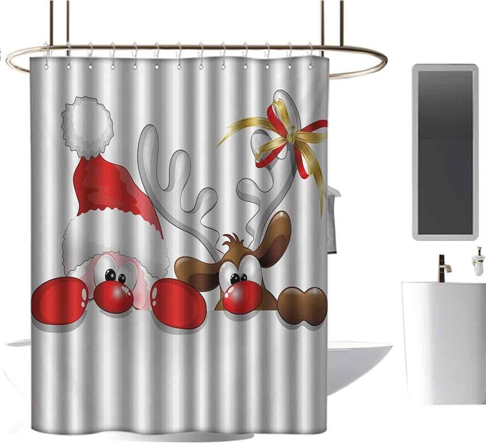TimBeve Colorful Shower Curtain Christmas,Funny Christmas Santa Claus and Reindeer Peeking Cartoon Style Humor,Vermilion Caramel White,Durable Waterproof Fabric Bathroom Curtain 54"x78"